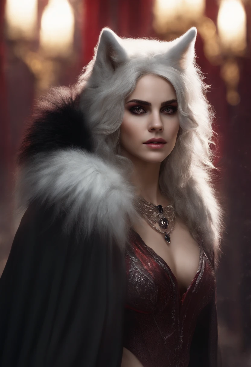 (death wolf) best quality, ultra high res, soloEmma Watson, flat chest, detailed eyes, volumetric lighting, amazing, finely detail, , black cloak , white fur, red eyes, black sclera, bright pupils, bright atmosphere, beefy, sexy, show black , Bar in background, nightclub, shirtless, Black , cover with cum, Jerk off
