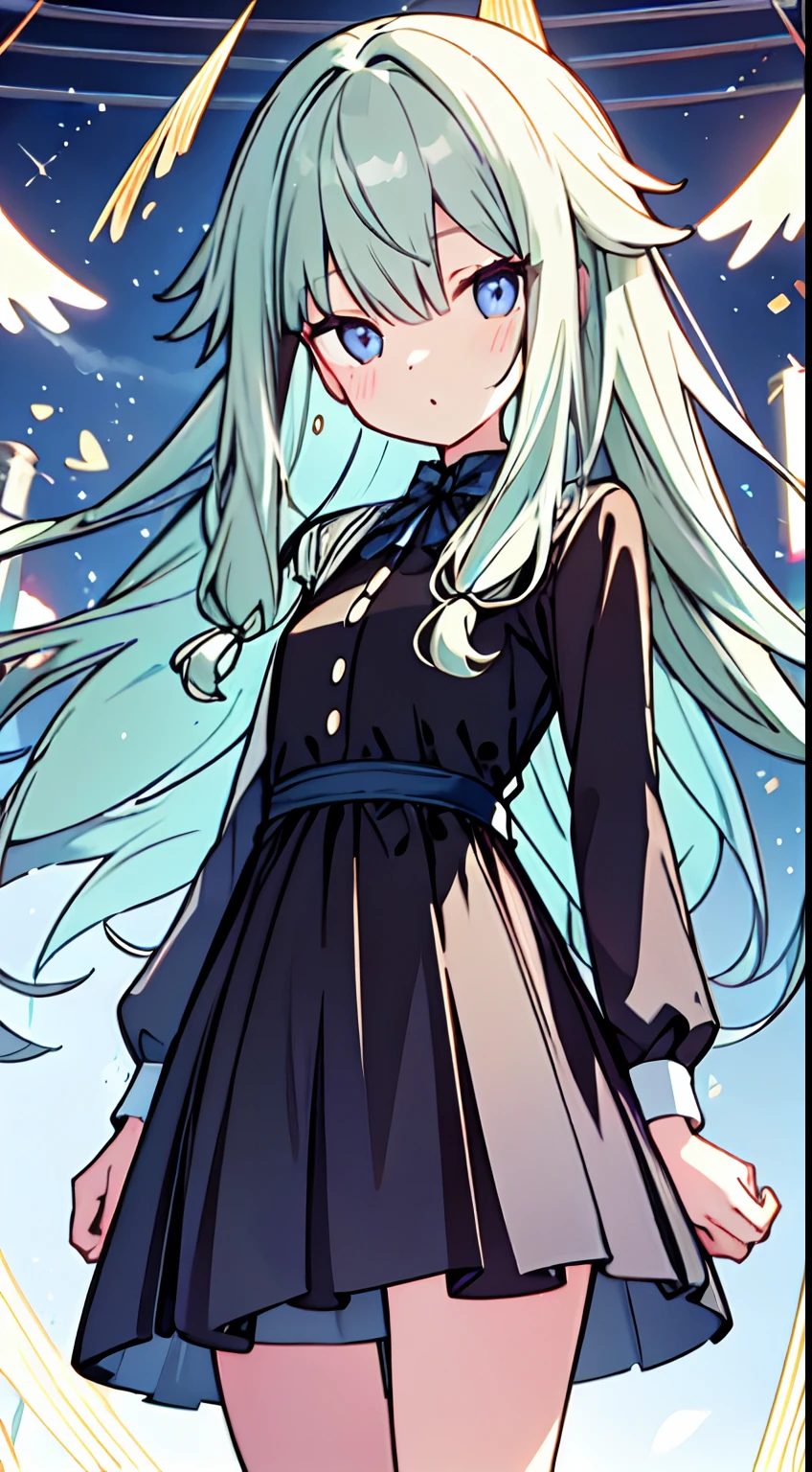 masuter piece, Best Quality,32K、Wallpaper, ultra -detail, Absurd beauty, 1Beautifulwoman、Big eyes with sparkly、Hair fluttering in the wind、:O、slender long legs、Smaller head、miscievous smile、Angle looking up from below:1.3、Angle from which you can see the whole body