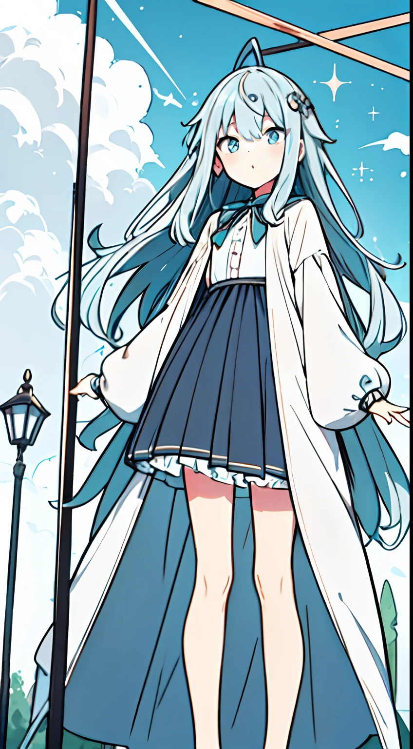masuter piece, Best Quality,32K、Wallpaper, ultra -detail, Absurd beauty, 1Beautifulwoman、Big eyes with sparkly、Hair fluttering in the wind、:O、slender long legs、Smaller head、miscievous smile、Angle looking up from below:1.3、Angle from which you can see the whole body