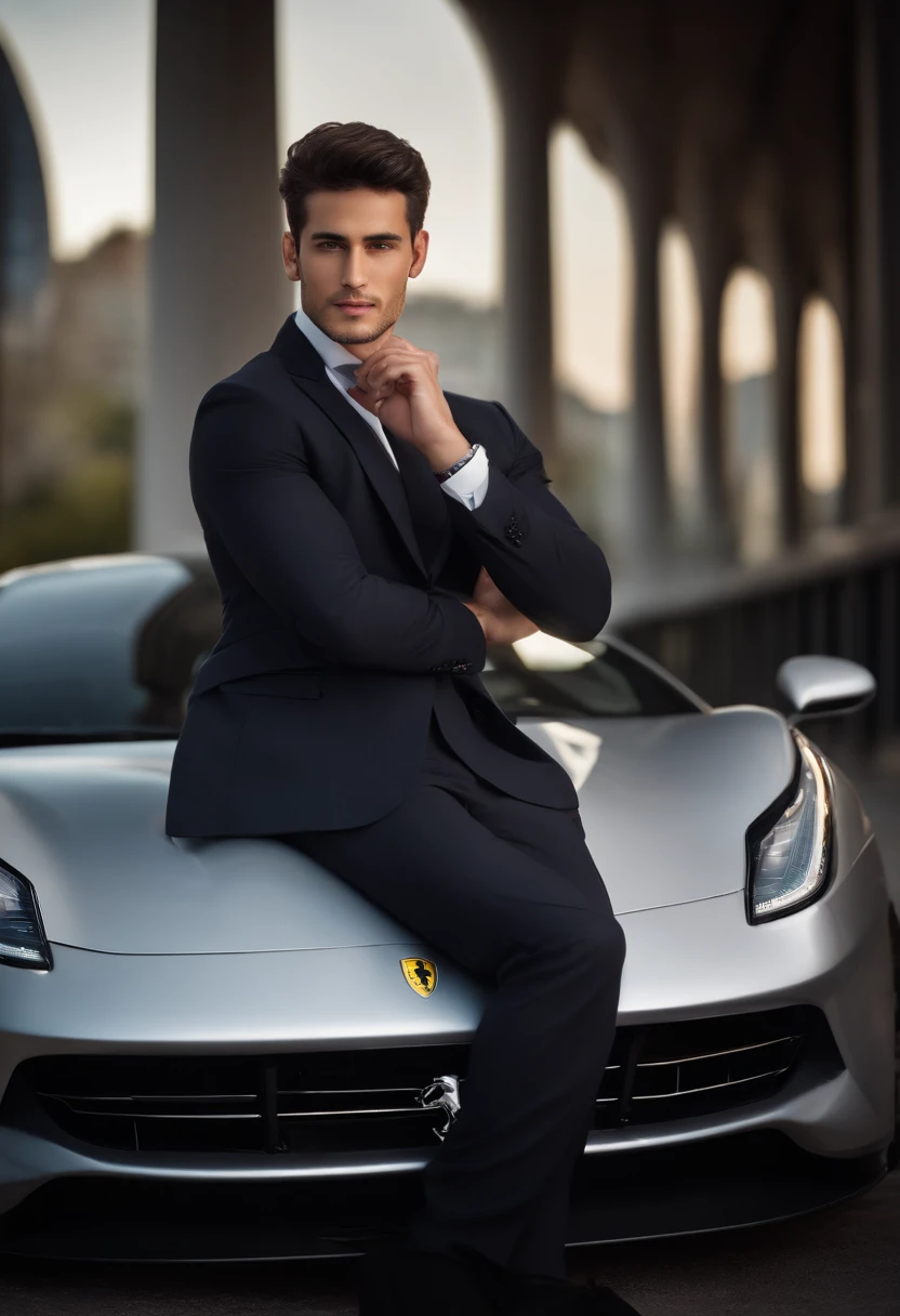 turk 25yo man , dark short hair with fade, dark suit,confident expression,sharp jawline,vibrant skin,smiling,handsome face,standing pose,city backdrop,professional studio lighting,realistic,a Ferrari, photorealistic:1.37,portraits,vivid colors,cool tone,soft lighting,oval chin