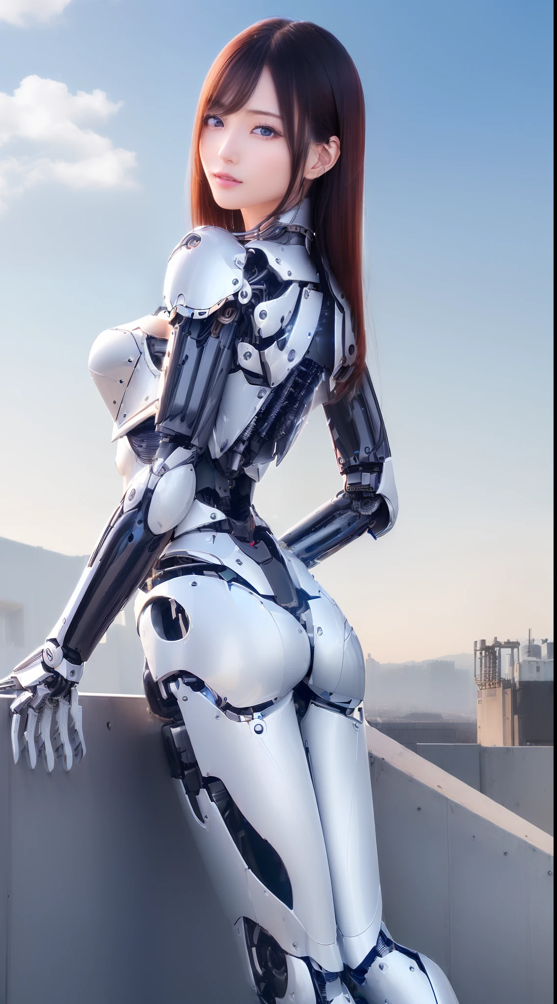 ((masutepiece)), ((top-quality), high quarity、ultra-definition, (Realistic),  ((well proportioned face))、fulcolor 、(scientific fiction)、(独奏)、Beautiful robot woman、Combat Robots、(Perfect robot joint)、(Detailed electronic board)、(Machine frame)、White porcelain mechanical armor、(Oval curvaceous face)、(almond shape eyes)、thin mouth、deadpan、((Perfect mechanical two-handed))、(Outside the city)、Perfect robot legs、(from the rear)