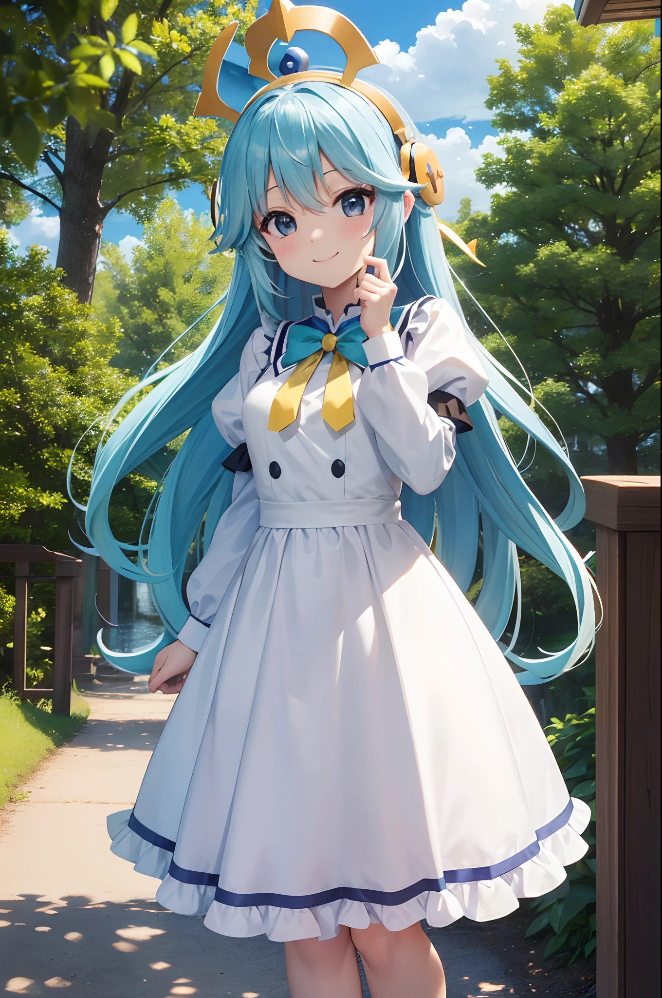 ​masterpiece, top-quality, Princess_aqua_Konosuba, Yellow dress, Black eyes, adorable smiling、Light blue long hair、Twin-tailed、 standingn, (borgar: 1.1), ​​clouds, in woods、White castle by the lake、Near and far law、blue-sky