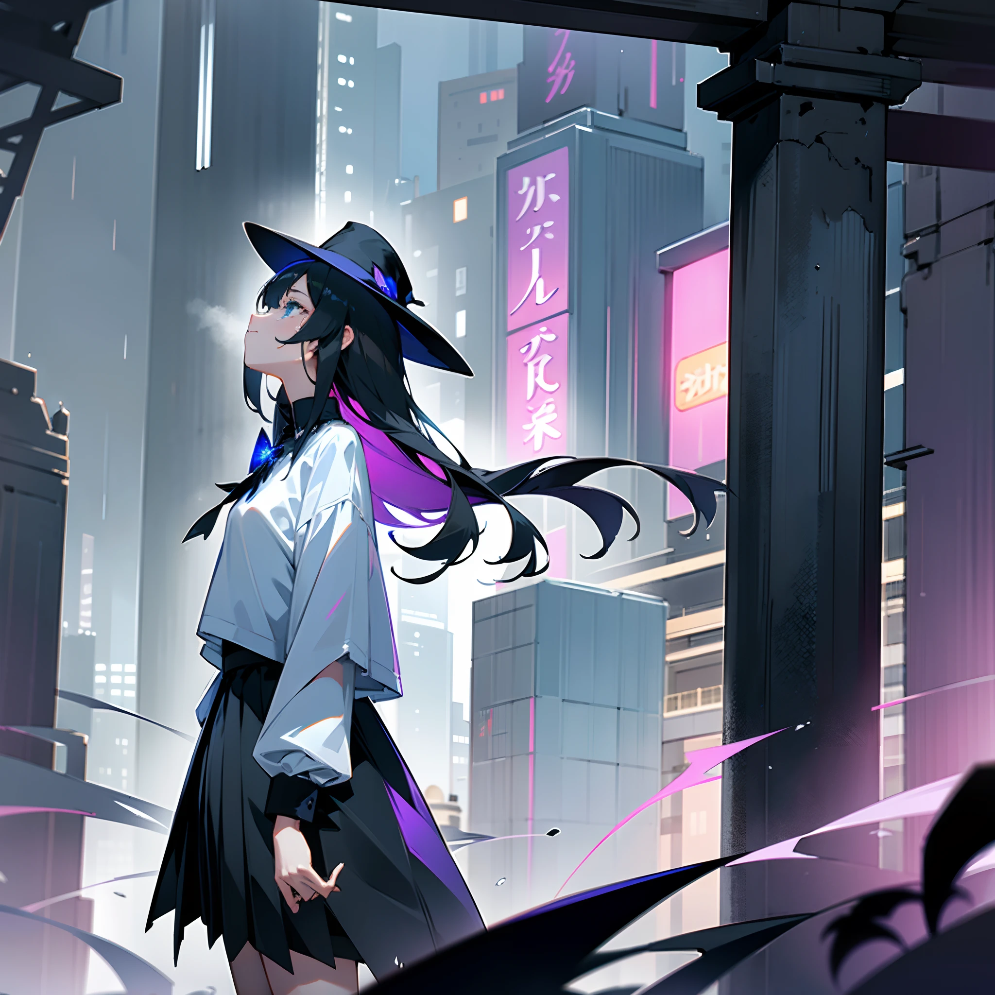 Rainy nights、An urban area lined with buildings、Standing Girl、Black coat、white t-shirts、a black skirt、White long bob hair with blue-violet mesh、Crying while looking upwards、Big black witch hat with sapphire accessories