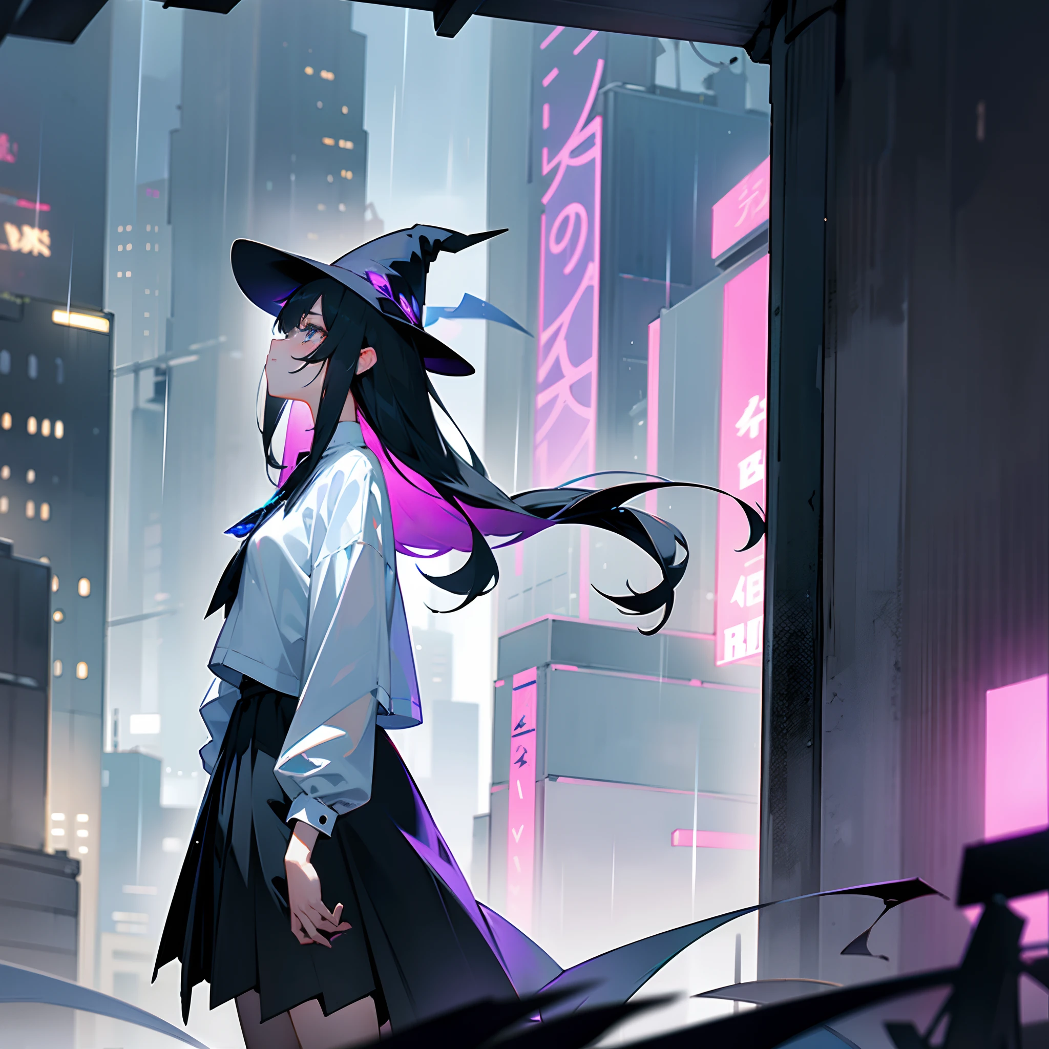 Rainy nights、An urban area lined with buildings、Standing Girl、Black coat、white t-shirts、a black skirt、White long bob hair with blue-violet mesh、Crying while looking upwards、Big black witch hat with sapphire accessories