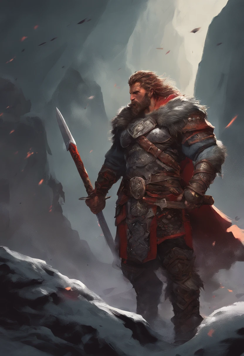 Tall savage warrior man, boar themed, detailed armor, old engraved leather Cuirass, intricate designs on the Cuirass, intricate Cuirass engravings, imposing and powerful stance, fierce expression, red wild mane braided hair and beard, dynamic pose, intense battle scene, fantasy setting, vibrant colors, dramatic lighting, epic atmosphere, mythical creatures in the background, sword and viking shield,  attention to anatomy and facial features, iconic use of highlights and shadows, capturing emotion, masterful composition