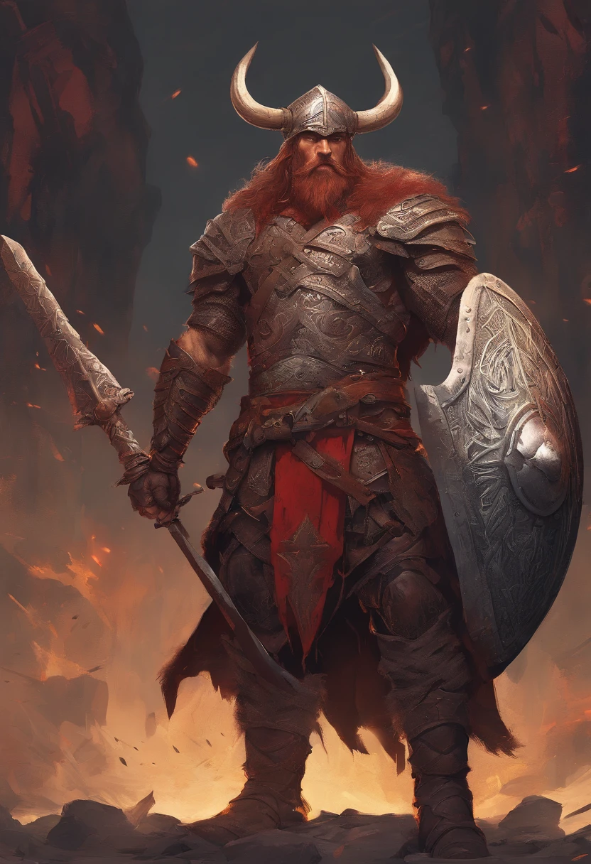 Tall savage warrior man, boar themed, detailed armor, old engraved leather Cuirass, intricate designs on the Cuirass, intricate Cuirass engravings, imposing and powerful stance, fierce expression, red wild mane braided hair and beard, dynamic pose, intense battle scene, fantasy setting, vibrant colors, dramatic lighting, epic atmosphere, mythical creatures in the background, sword and viking shield, attention to anatomy and facial features, iconic use of highlights and shadows, capturing emotion, masterful composition