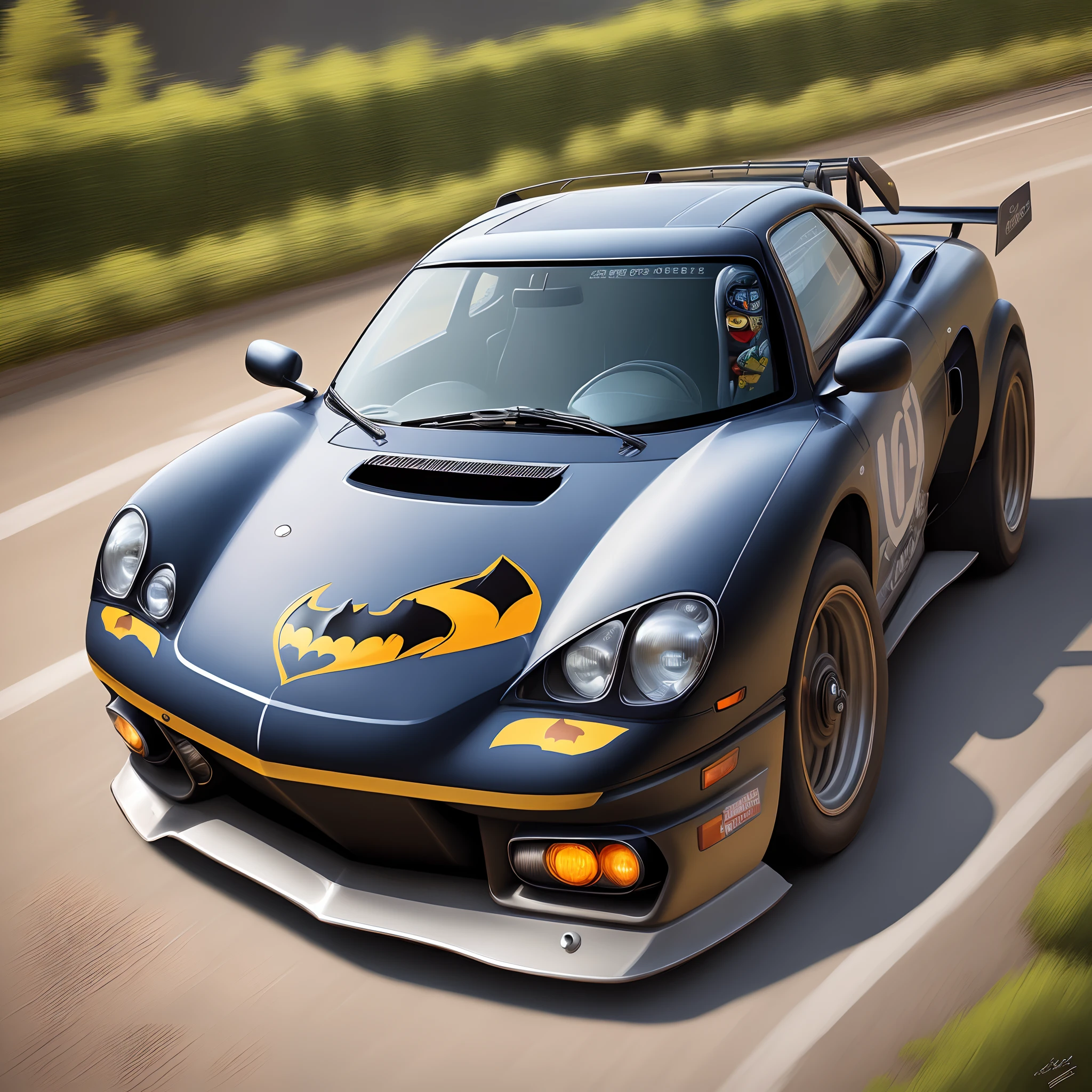 Batmobile participating in the crazy race cartoon, pintura digital