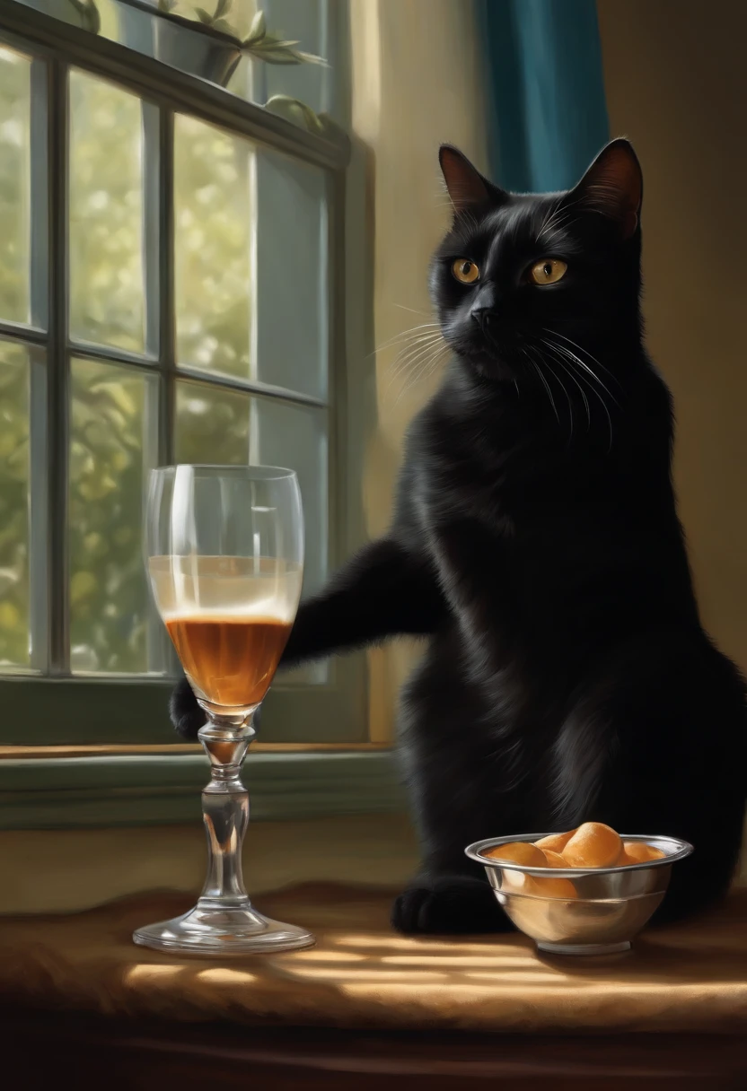 There was a cat sitting next to a glass of black milk, cat drinking milk, Illustration of 1 cat, Ultra-Realistic Illustrations, Ultra-Realistic Illustrations, Hyper-realistic illustration, A black cat. Realistic painting, author:Wayne England, Realistic illustration, Ultra-Realistic Illustrations, Portrait, Close portrait, Award-winning surrealism, author:Lisa Mirroy, by Galen Dara