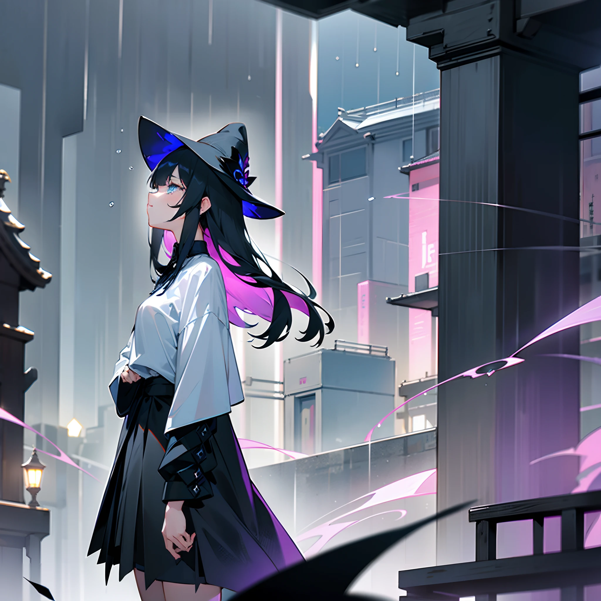 Rainy nights、An urban area lined with buildings、Standing Girl、Black coat、white t-shirts、a black skirt、White long bob hair with blue-violet mesh、Crying while looking upwards、Big black witch hat with sapphire accessories