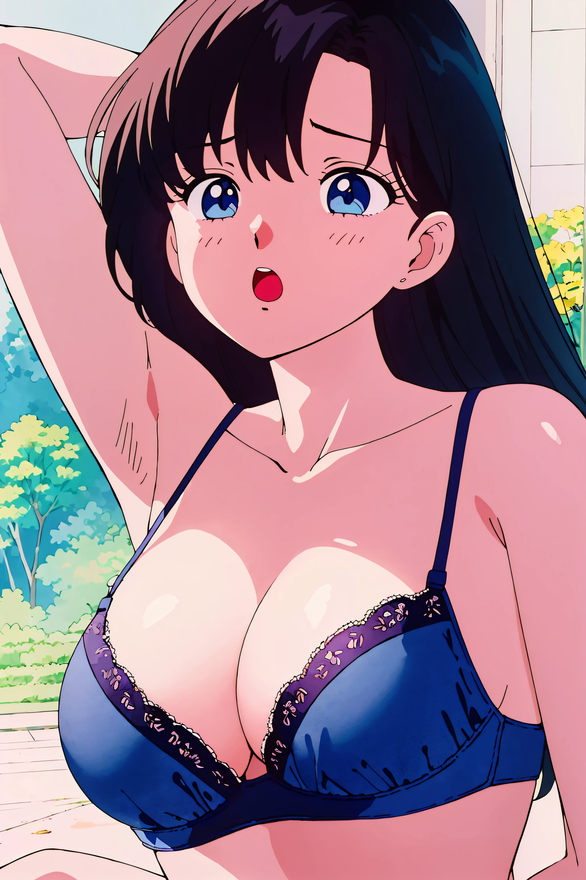 top-quality、masterpiece、One girl looking up、looking at the viewers、城市、Random hair color, (((close up of face))), (((Huge open mouth))), (((open clothes and bra)))、