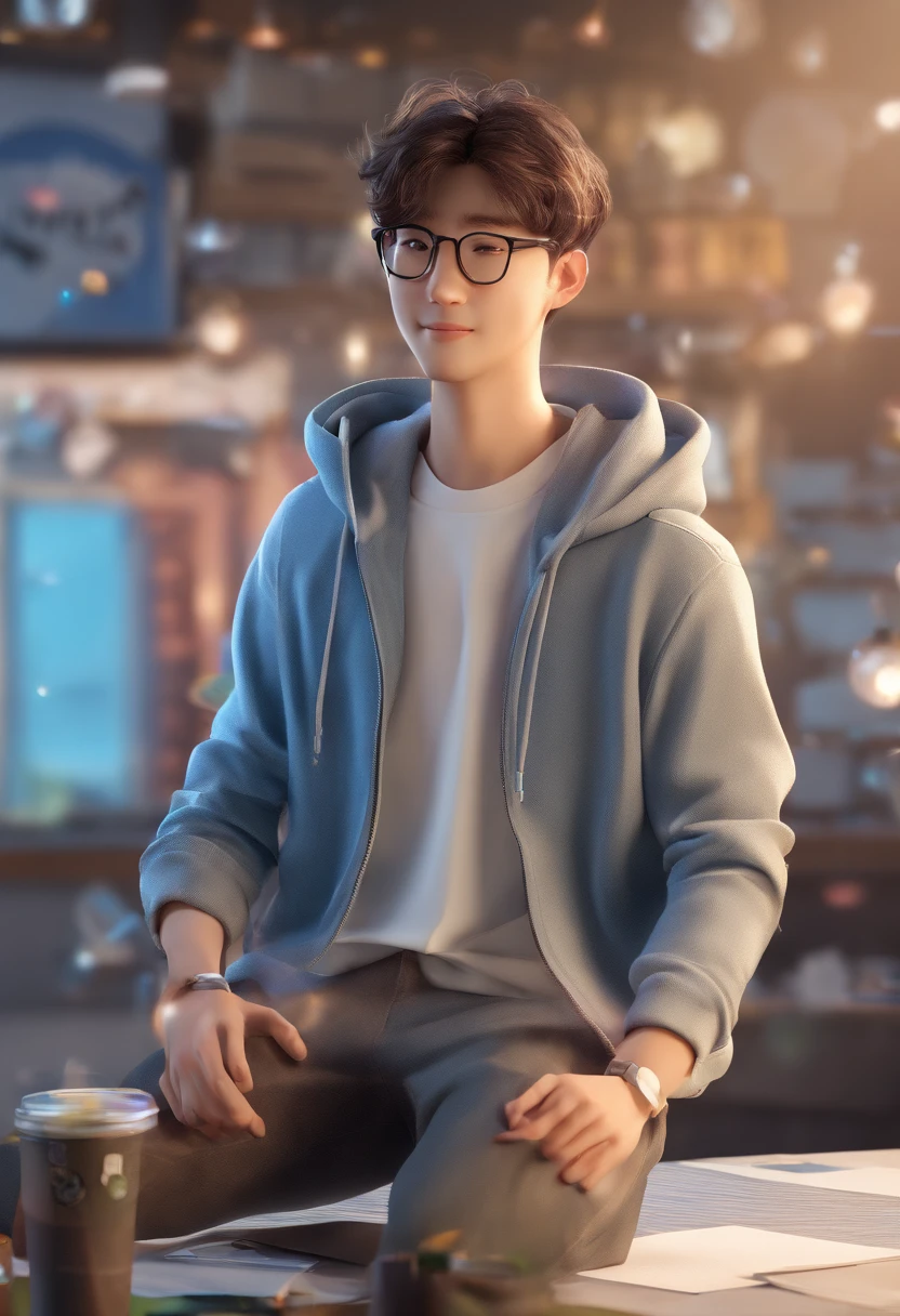 [Korean Male] [brown hair] [brown eyes] [black glasses] [smiling] [Wearing a light blue hoodie] [black jeans] [20 years old]