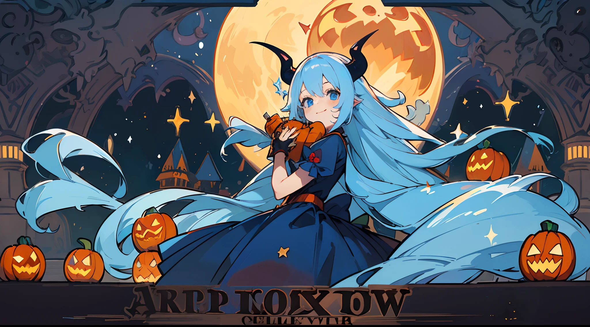 (The skin is not exposed, Small Devil,tusk), (Solo), Kawaii Girl (1), Halloween castle in the background, pumpkins, the bats,Shining moonlit night,((Shiny blue super long hair, Shines)), (Faces are very close,Super smile), (Blue eyes), (Detail Objects)、