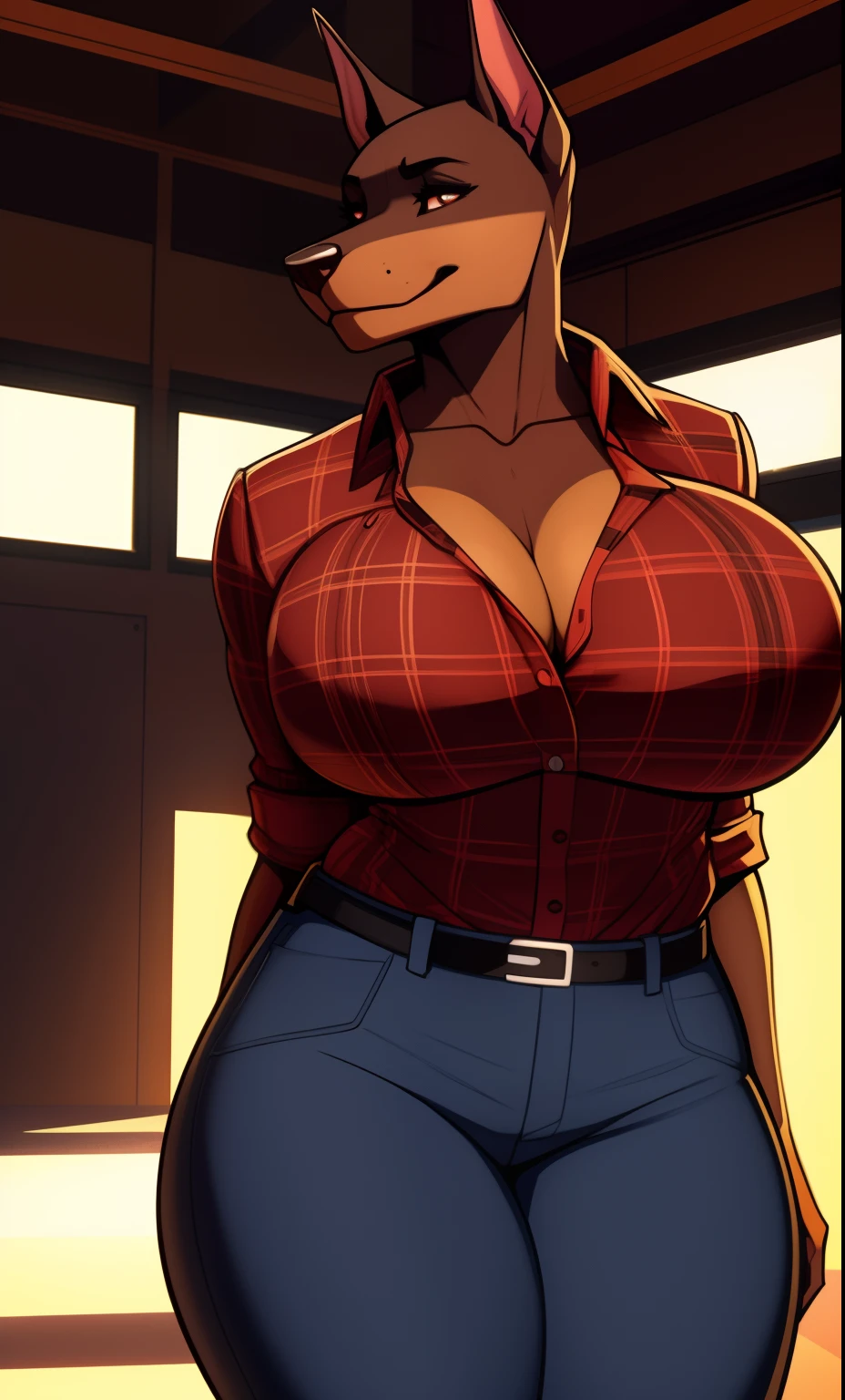 Very_muscular_mature_doberman female dark_brown_two-tone_furry_body brown_eyes milf unbuttoned_plaid_shirt jeans wife solo Masterpiece best_quality absurdres highly_detailed cleanly_drawn_eyes anthro_only large_breasts by_claweddrip, by_greasymojo, by_underscore-b, by_runawaystride