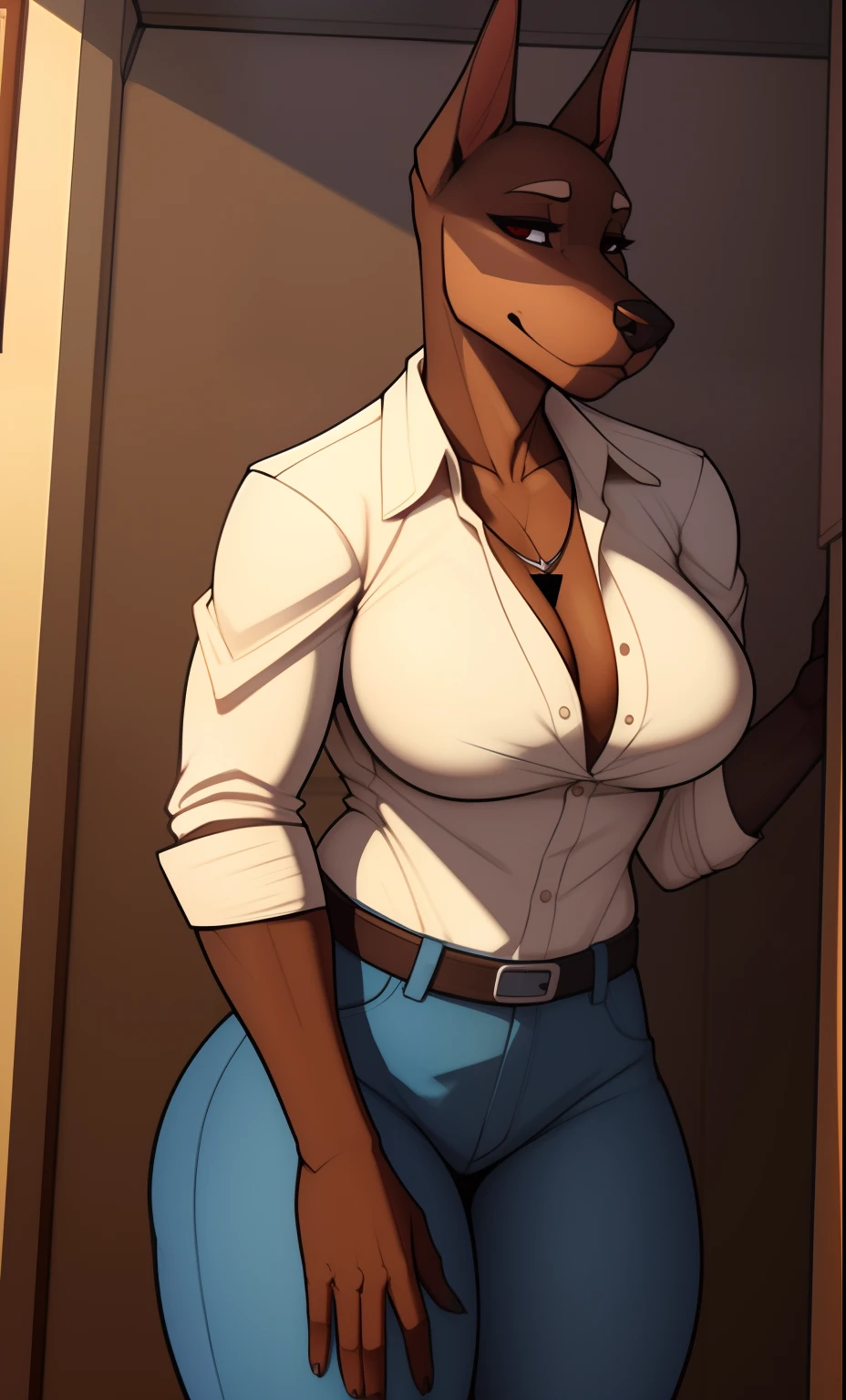 Very_muscular_mature_doberman female dark_brown_two-tone_furry_body brown_eyes milf unbuttoned_plaid_shirt  jeans wife solo Masterpiece best_quality absurdres highly_detailed cleanly_drawn_eyes anthro_only large_breasts by_claweddrip, by_greasymojo, by_underscore-b, by_runawaystride