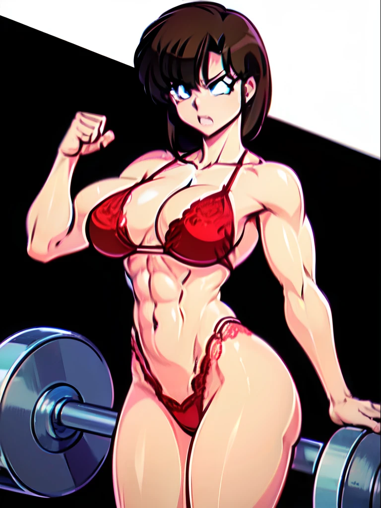 sexy girl with powerful muscles posing,red lace thong, long legged, sharp contours, dark eyes, strong, gym, enraged,angry