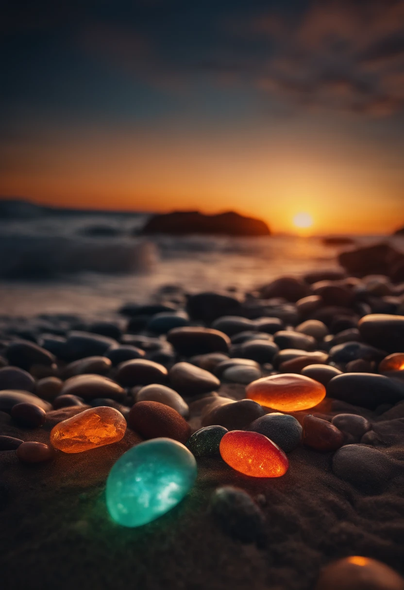 Group of glowing stones sitting on beach next to the sea, Colorful glow, Magical Beach, Bright glitter color, glowing colors, Shimmering rich colors, Colorful HD Drip, breathtaking colors, beautiful sunset glow, colorful sunset, Make the water shine, beautiful wallpaper, scenic colorful environment, Glowing reflections, amazing wallpapers, colorful light, Clear neon water