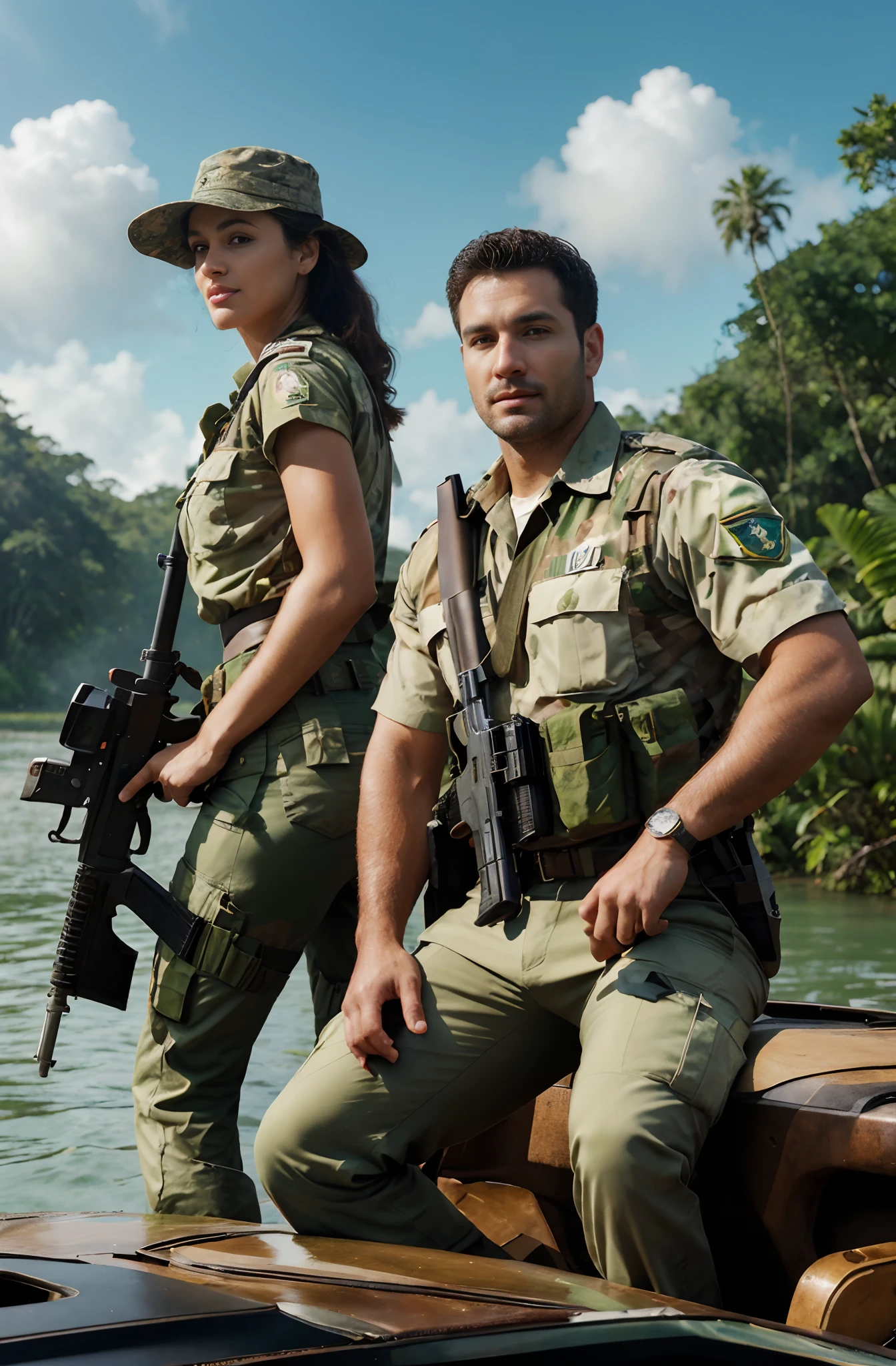 Imagem de duas pessoas com uniformes militares em um barco, imagem promocional do filme, 4k ainda, lindo guarda florestal da selva, Selvas ao fundo, em um ambiente de selva, wallpaper mobile, 🕹️ 😎 🔫 🤖 🚬, action film, pano de fundo, foto de retrato, 2012, 2 0 1 2, 2013, na selva, hyperrealistic, realistic lighting, There are two Brazilian people in military uniforms posing for a photo, promotional photo, game poster, novel cover, detailed photo of the game photo, game photo, promotional render, Game Promotional Poster, More details, beautiful ranger 40 year old, in the jungle, beautiful ranger 30 years old, mobile wallpaper, background photo, key photo, game cover photo, game photo, Jungles in the background, Fanart, portrait photo, Jungle cleaning
