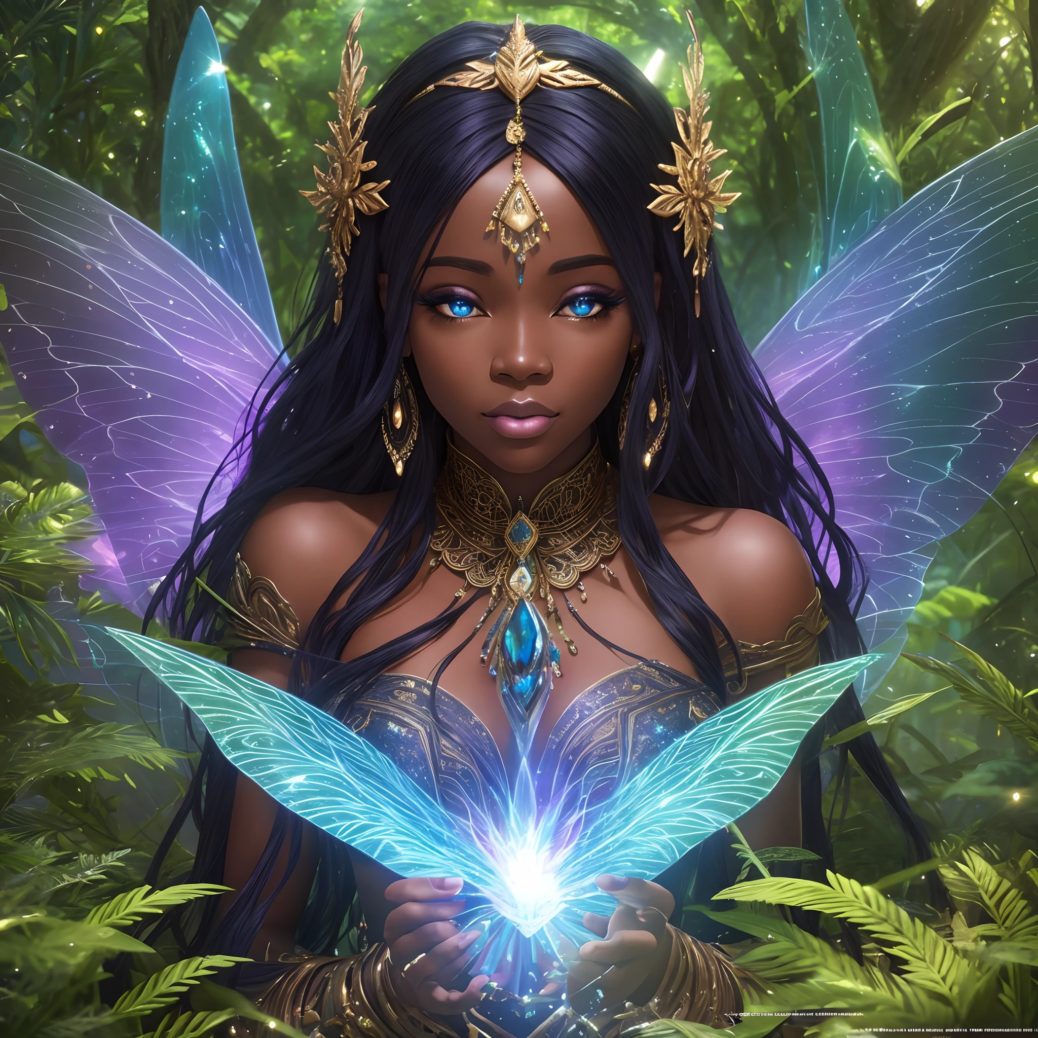 African woman in a fairy forest full of black elves, tiny fairy angels flying, mystical forest with fairy dust in air shining, with iridescent light, 32k, ultra HD, unreal engine rendered, cinematic lighting, artgerm style, cgsociety 9, deviantart, art by Bella kotak, octane 3d rendering, masterpiece, highly detailed images --auto --s2