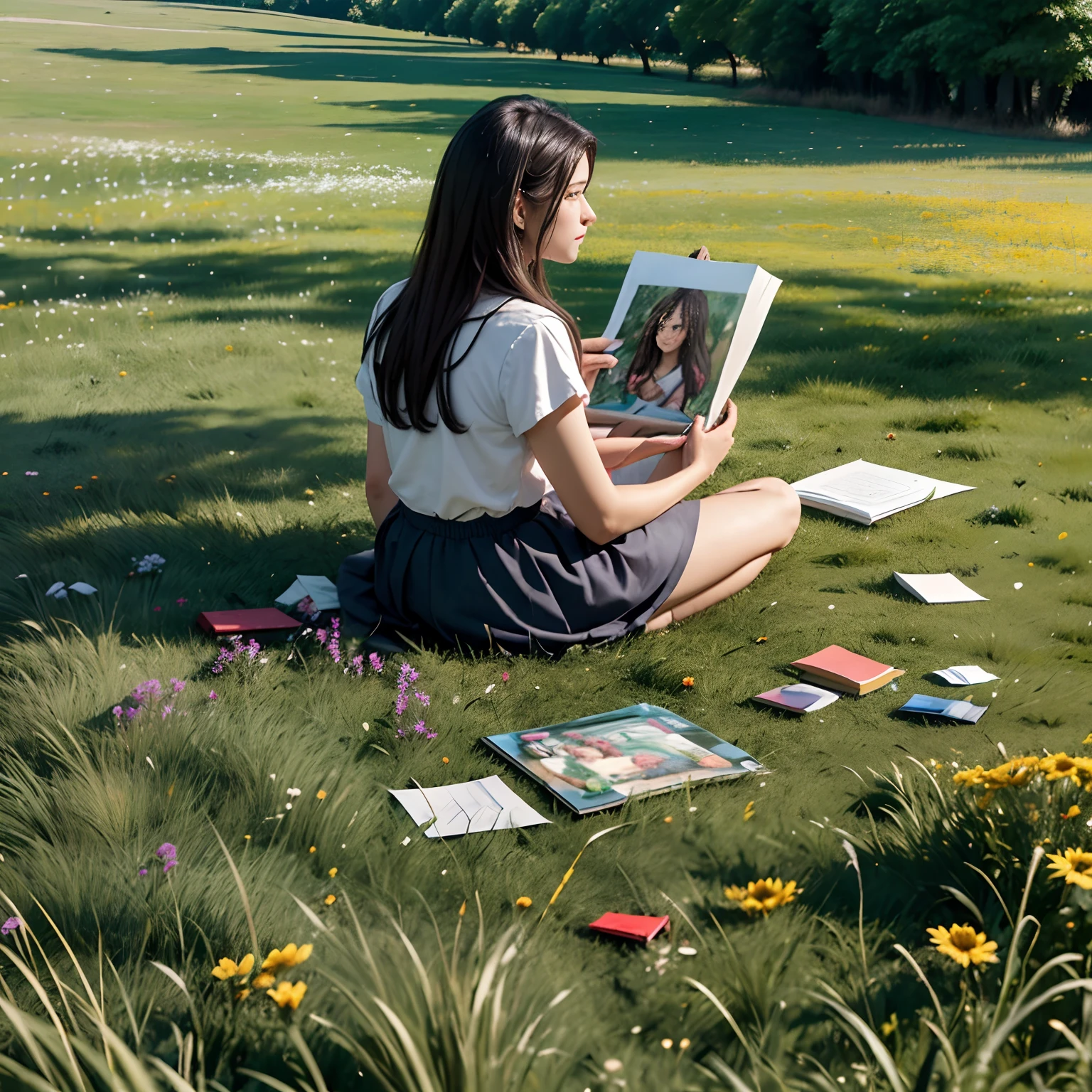 Lawn view in the morning, 1 girl, artist, ((( 30 years old))) ，sitting on the ground, Painting, making albums, promotion albums, albums, in a meadow, 8K , lot of pieces of  paper are lying here and there on the ground, photo clicked from her back side , facing opposite, angel above, ((( realistic)))