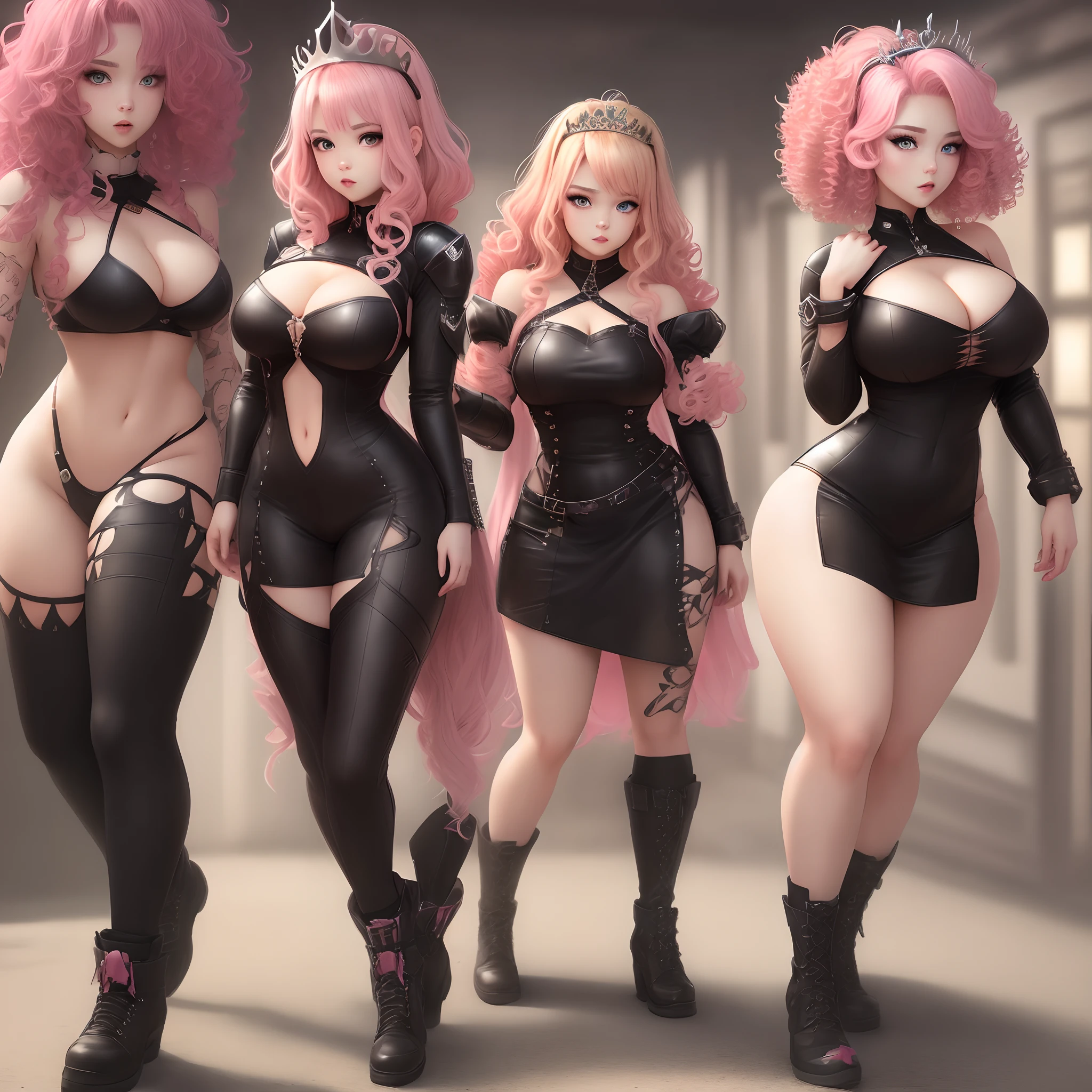 Thick curly short blonde and pink hair, sharp dark brow eyes, busty, thick, full body, edgy clothes, Tiara, even eyes, even face