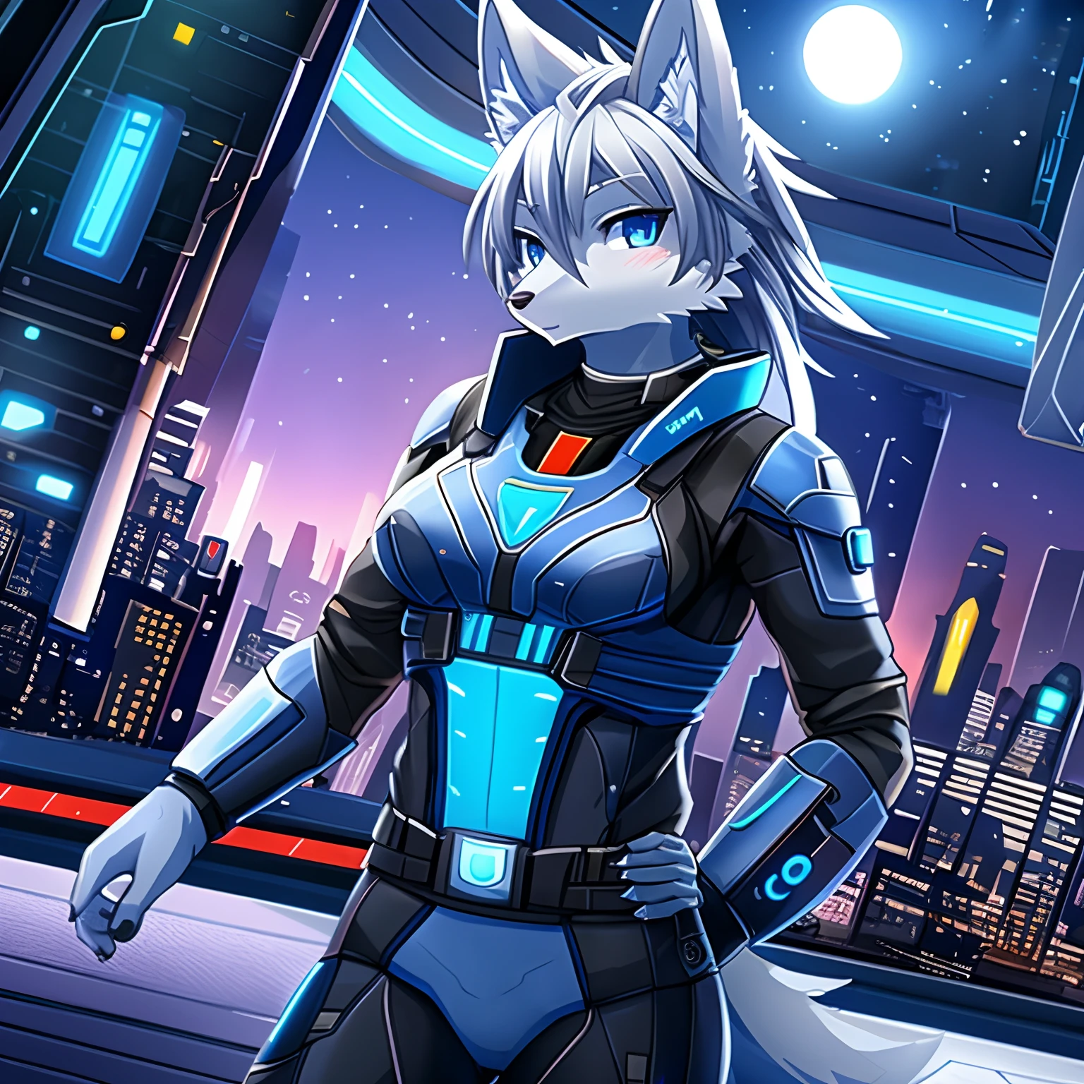 masterpiece, solo, 1girl, Furry, kemono, furry wolf, anthropomorphic, female, blue eyes, (silver fur, silver skin), sci-fi uniform, sci-fi city, uploaded on e621,