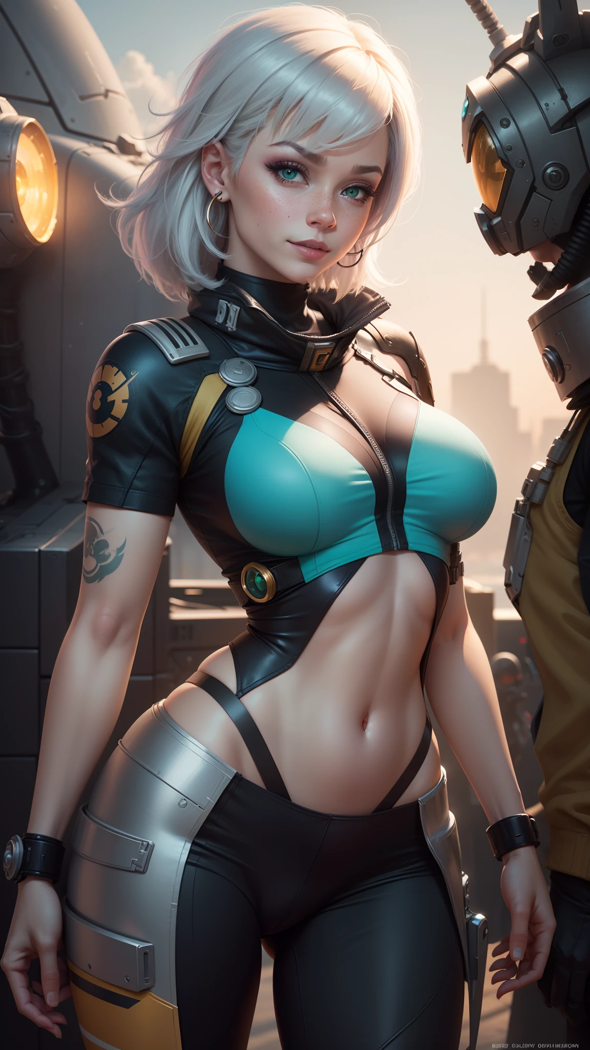 gwen tennyson,jinx,tracer,y'shtola rhul, league of legends,overwatch,close up, mecha pilot,space port,tattoos,orange and silver plugsuit,white short sleeve lycra top,steel cargo pants,uncovered belly,short hair,cute makeup,green eyes,dimensional golden hair,shy smile,freckles,beautiful girl,large breasts,8k,ultra detailed,realistic,fantasy art,saiyan armor,cyborg armor,steel armor,space ship,pilot uniform,ear piercings,hair pin,super saiyan girl,saiyan female,short sleeve pilot jacket,