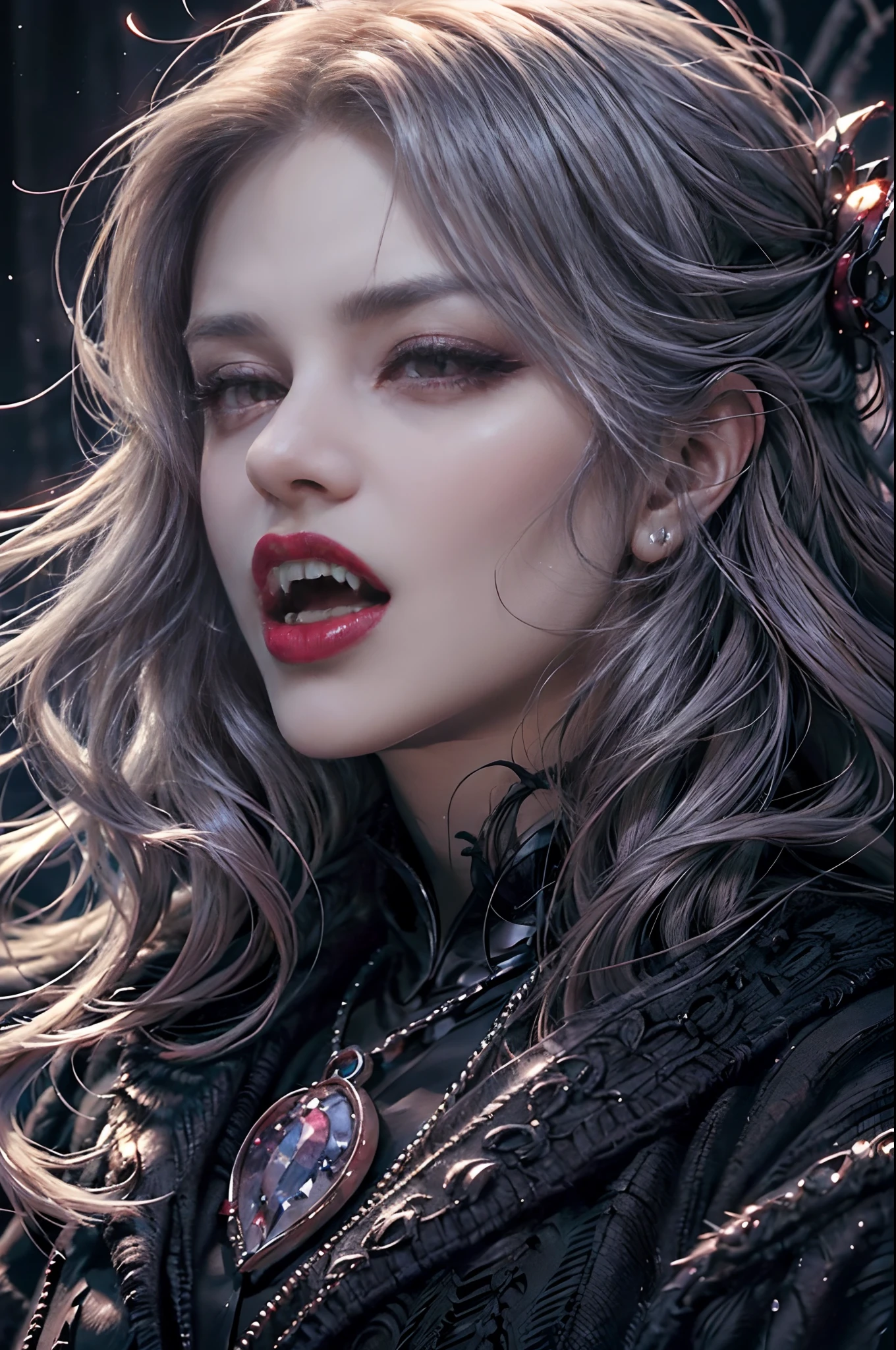 Close up, portrail of a handsome young athletic male vampire, open mouth showing very long fangs, ready to bite the viewer, crystal sapphire eyes, red lips, long wavy hair, silver hair. Elegant gala uniform, highly detailed,