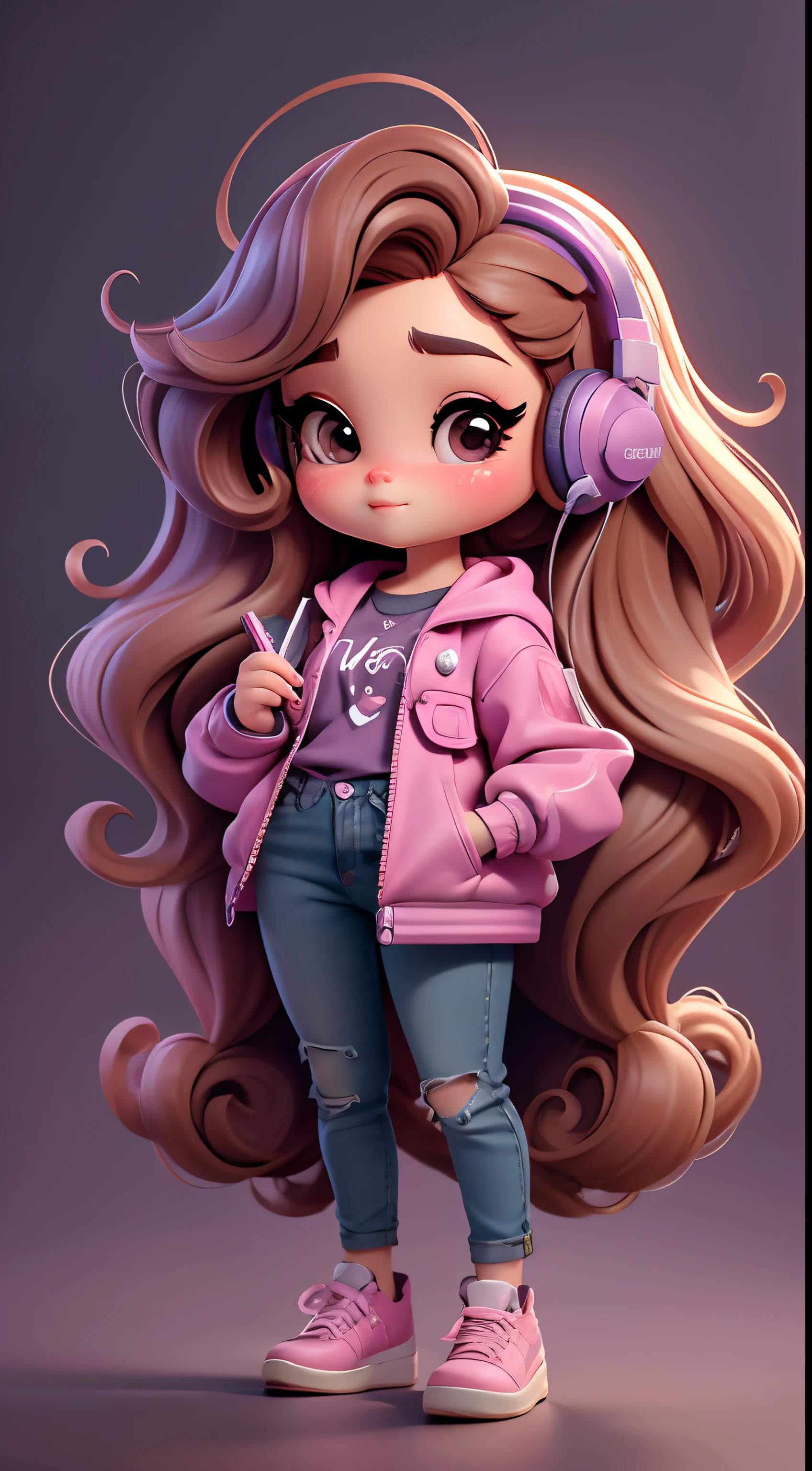 Create a series of chibi style dolls with a cute vintage chic theme, each with lots of detail and in an 8K resolution. All dolls should follow the same solid background pattern and be complete in the image, mostrando o (corpo inteiro, incluindo as pernas: 1.5)

Boneca Gamer: Chame-a de Mia. She must have medium wavy brown hair. Seus olhos devem ser grandes e curiosos, with long eyelashes and slightly pinkish cheeks. Mia should be dressed in a purple jacket and pink sneaker jeans. She must hold a gaming video controller. Add details like pockets to make it even more charming.Mia must be wearing kitten headset.

Certifique-se de adicionar sombras, texturas e detalhes nos cabelos, roupas, Beautiful utensils, to make them even more adorable and charming.