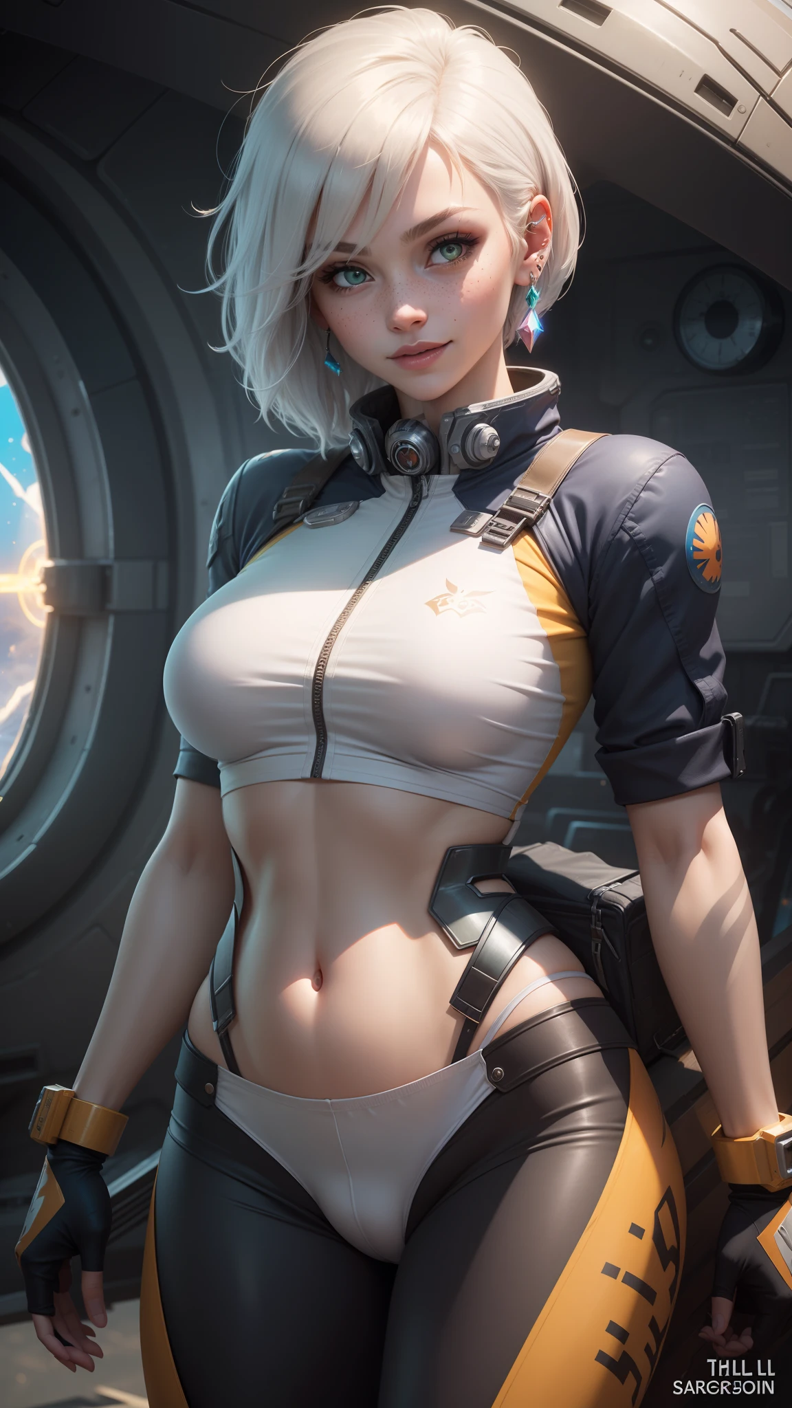 gwen tennyson,jinx,tracer,y'shtola rhul, league of legends,overwatch,close up, mecha pilot,space port,tattoos,orange and silver plugsuit,white short sleeve lycra top,steel cargo pants,uncovered belly,short hair,cute makeup,green eyes,dimensional golden hair,shy smile,freckles,beautiful girl,large breasts,8k,ultra detailed,realistic,fantasy art,saiyan armor,cyborg armor,steel armor,space ship,pilot uniform,ear piercings,hair pin,super saiyan girl,saiyan female,short sleeve pilot jacket,