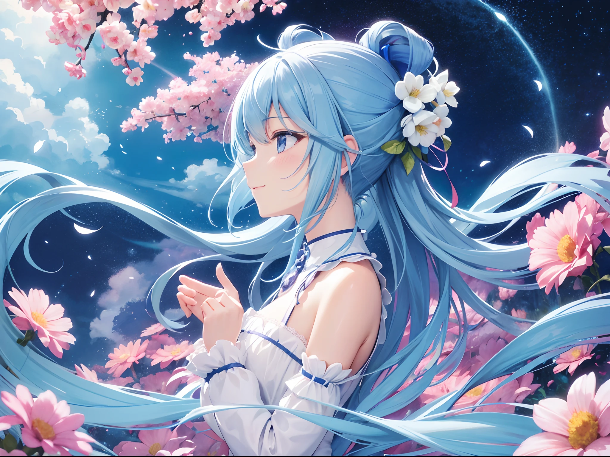 (hight resolution、ultra-detailliert、nffsw、movie)、独奏、1girl in、Happiness、girl standing in a flower field、Girl around the petals、A charming smile、full body Esbian、Long-haired girl with blue hair、Twin-tailed、lightblue hair、facing front、Fantasia、Official art、pop-art、profile、hyperdetailed face、ultradetailed eyes、flower gardens、Ultra Detailed Fields、White blue sky、 shuicolor、blanche、Nebulae in the sky、watercolor paiting、PastelColors