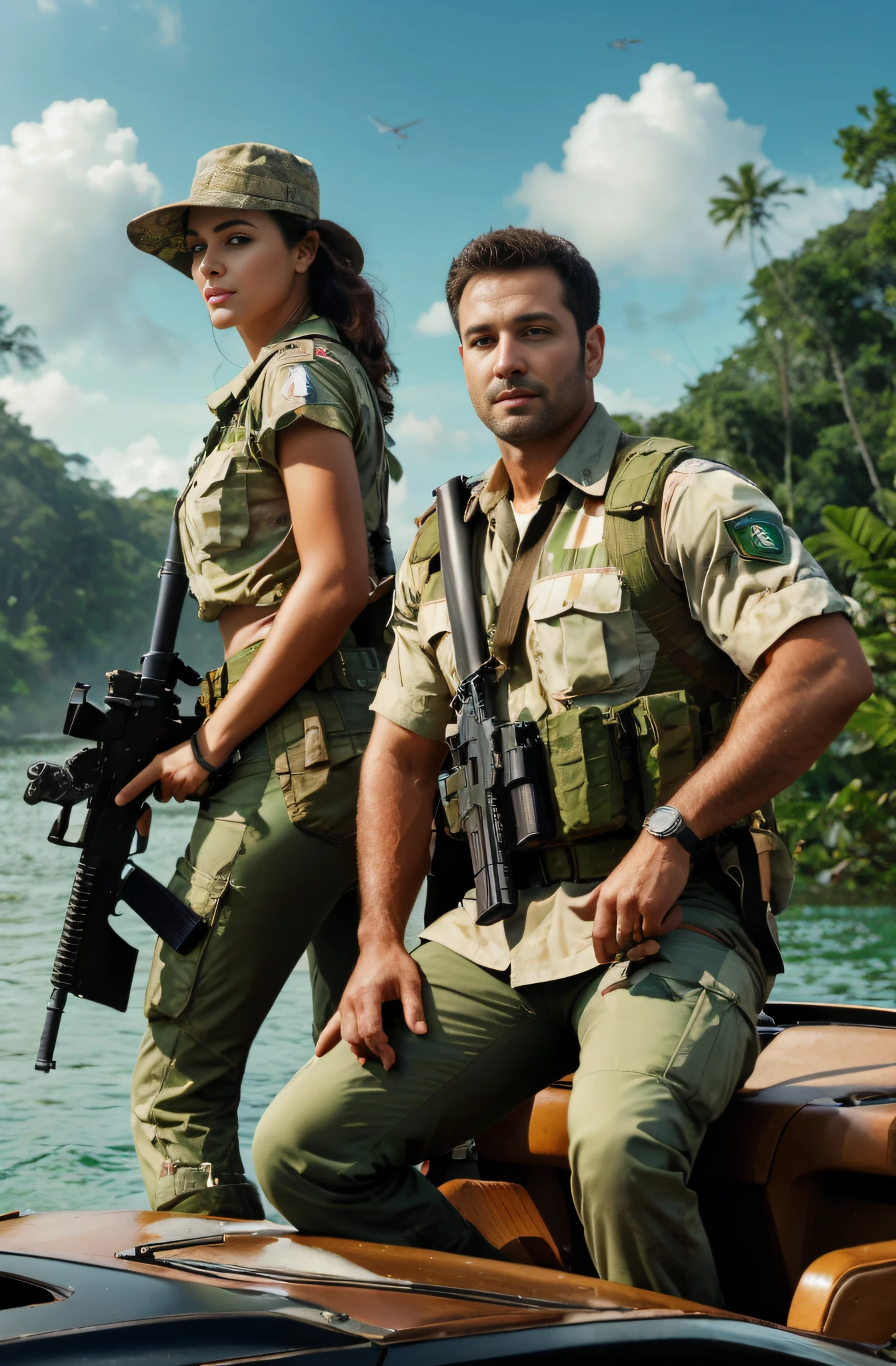 Imagem de duas pessoas com uniformes militares em um barco, imagem promocional do filme, 4k ainda, lindo guarda florestal da selva, Selvas ao fundo, em um ambiente de selva, wallpaper mobile, 🕹️ 😎 🔫 🤖 🚬, action film, pano de fundo, foto de retrato, 2012, 2 0 1 2, 2013, na selva