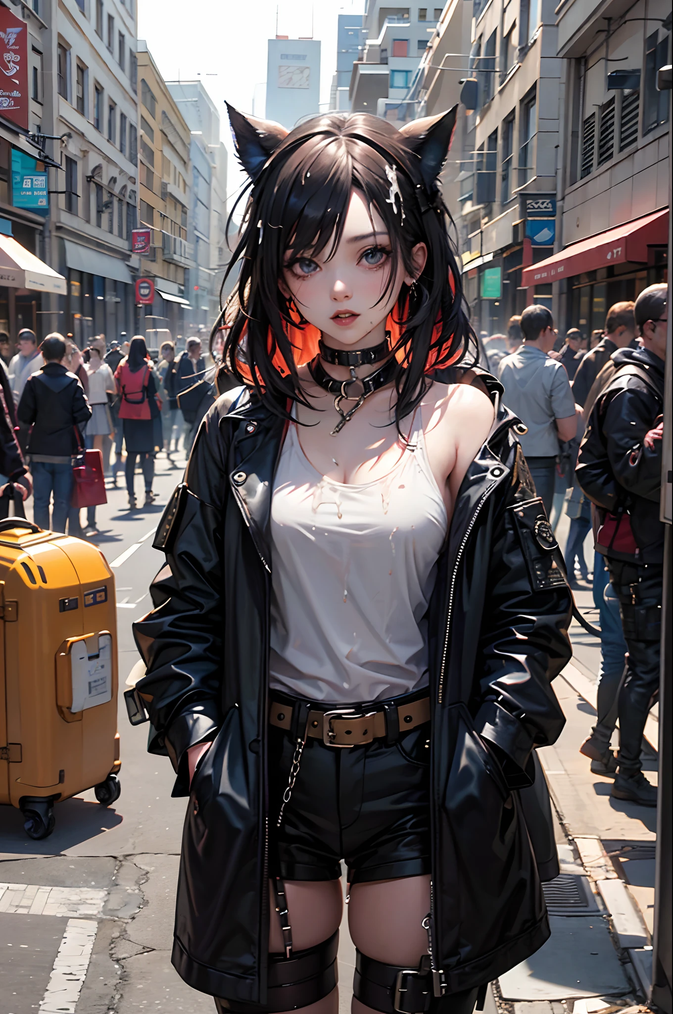 Thick naked goth girl covered in cum on a leash in a anime style
