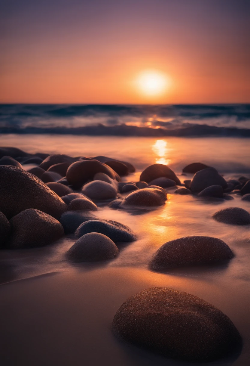 A beach with lots of rocks and colorful lights, Magical Beach, Colorful glow, breathtaking colors, grand background, breath-taking beautiful beach, colorful sunset, glowing colors, beautiful sunset glow, which shows a beach at sunset, Beautiful beach, Incredible colors, Bright glitter color, Make the waters shine, In beautiful colors, beatiful backgrounds