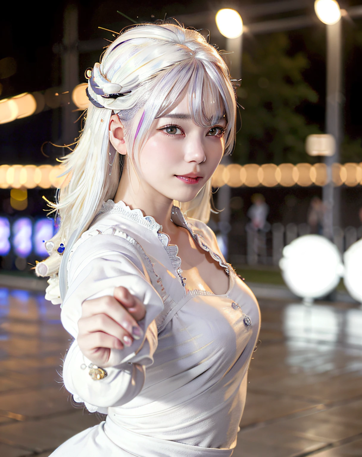 best quality, photorealistic, 8k, high res, 1girl, woman,(skindentation), (large breast), (professional lighting, bokeh), (street), (people, crowds:0.6), market, (night:1.2),(white hair:2.0), (blouse:1.5), (portait:0.6), gorgeous, bloom, (floating hair),(light particles, lens flare, glowing particles:0.6), (dynamic pose:1.2), soft lighting,
