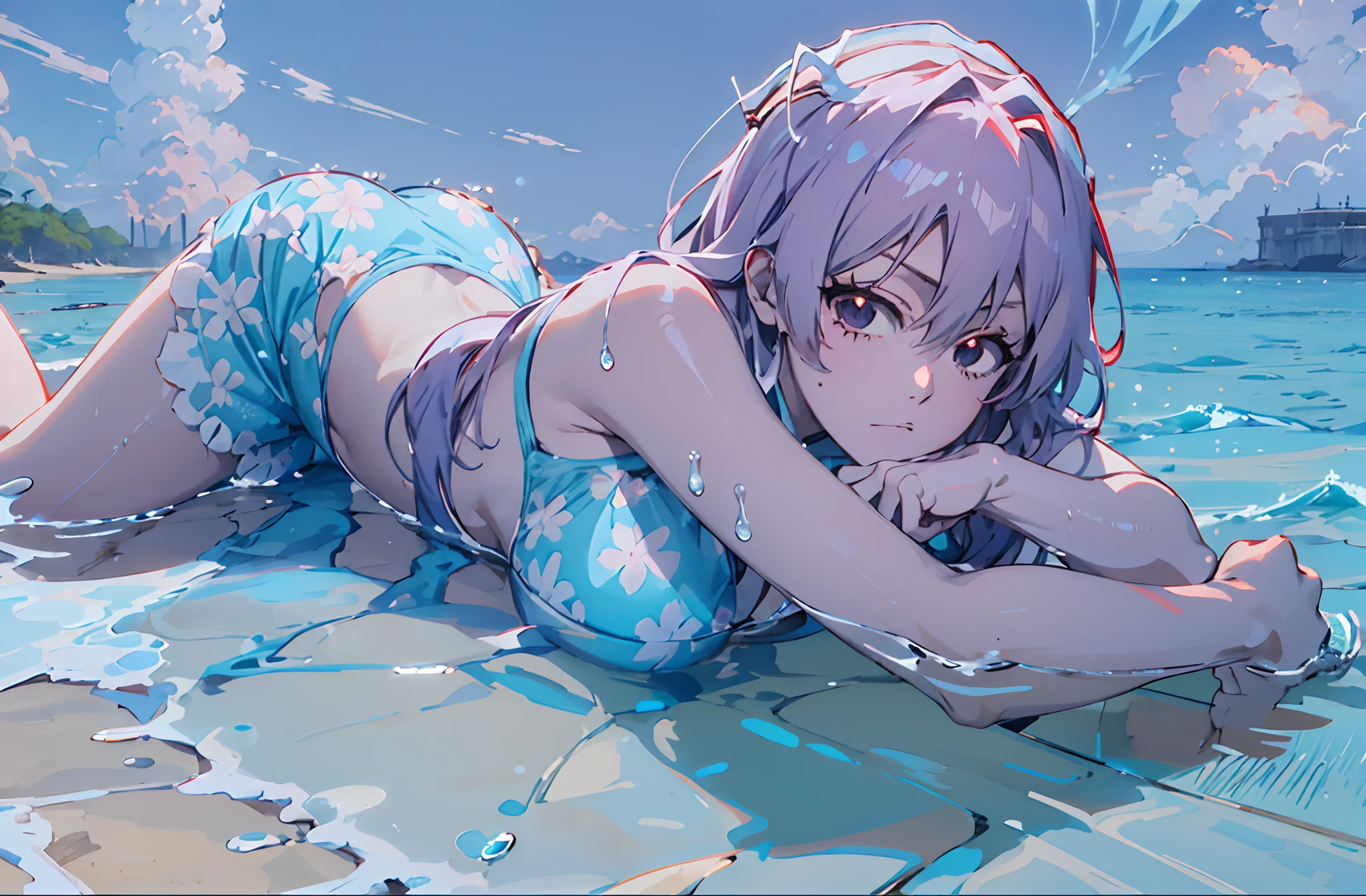 anime girl laying on the beach in a blue bikini, wallpaper anime blue water, anime moe artstyle, best anime 4k konachan wallpaper, 4k anime wallpaper, splash art anime loli, guweiz on artstation pixiv, guweiz on pixiv artstation, guweiz, anime art wallpaper 8 k, rem rezero, hat