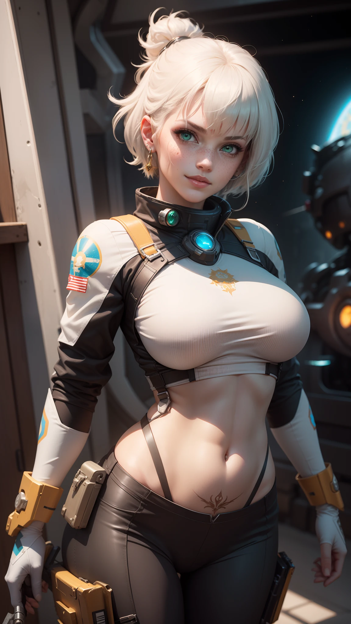 gwen tennyson,tracer,y'shtola rhul,yorha 2b,atelier ryza,overwatch,close up, mecha pilot,space port,tattoos,orange and silver plugsuit,white short sleeve lycra top,steel cargo pants,uncovered belly,short hair,cute makeup,green eyes,dimensional golden hair,shy smile,freckles,beautiful girl,large breasts,8k,ultra detailed,realistic,fantasy art,saiyan armor,cyborg armor,steel armor,space ship,pilot uniform,ear piercings,hair pin,saiyan girl,saiyan female,short sleeve pilot jacket,