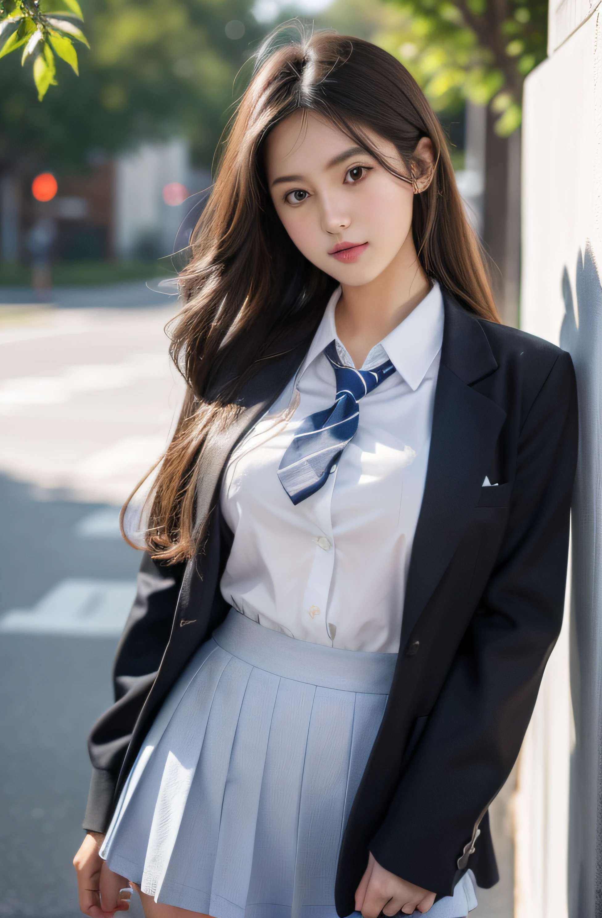 a girl in school uniform, ((detailed)), school background, medium breasts, flirtatious, medium long hair, ((very detailed)), perfectly detailed face, detailed hand, photorealistic image.