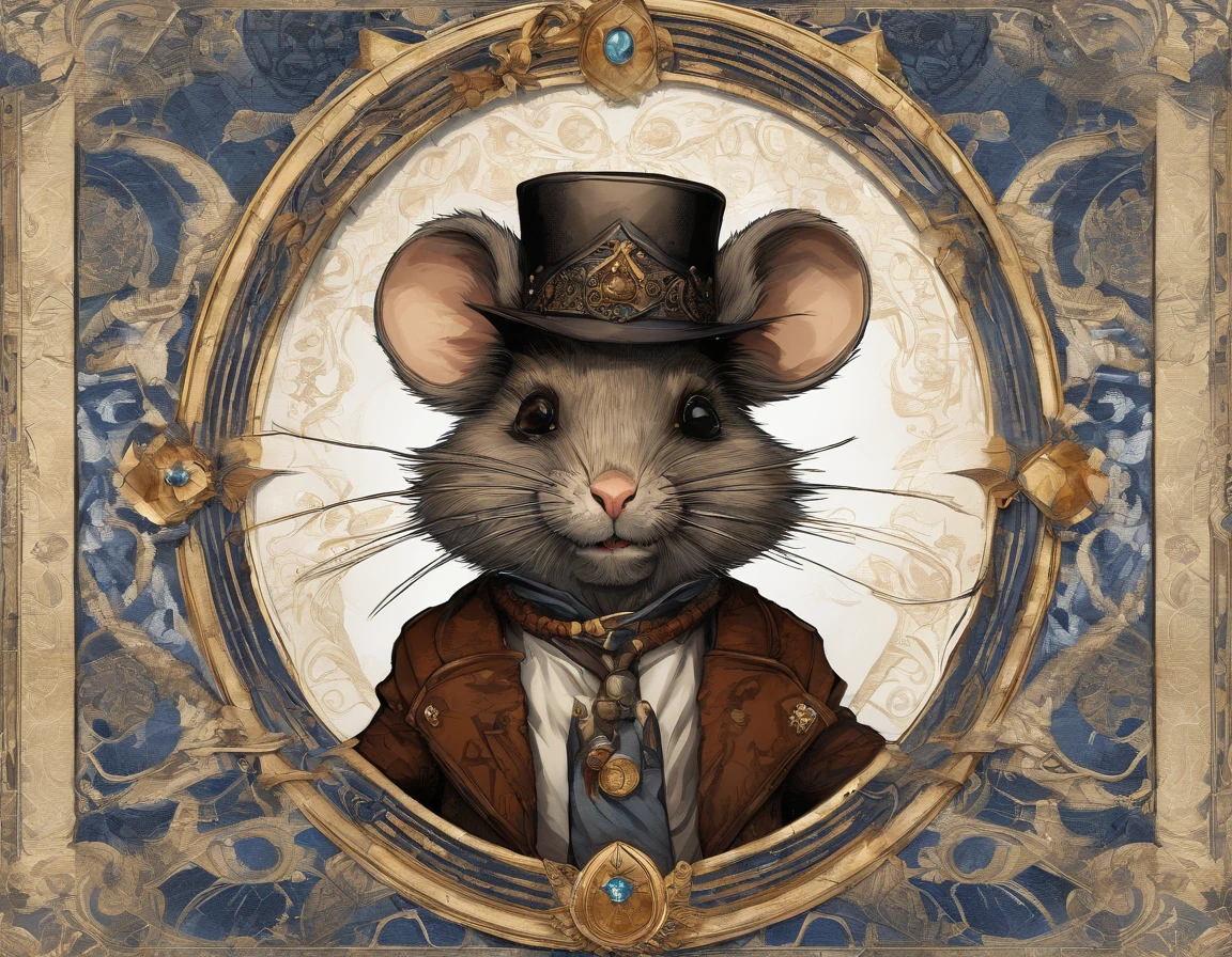 an anthropomorphic mouse Bohemian Warrior, dynamic body portrait, in the style of Brian Kesinger, Sergio Toppi, Virginia Frances Sterrett, dark cobalt blue gemstones and tarnished dark-silver jewelry, dark brown and light brown and dark white and dark yellow, red textured pattern background, depth, furcore, rich velvet texture