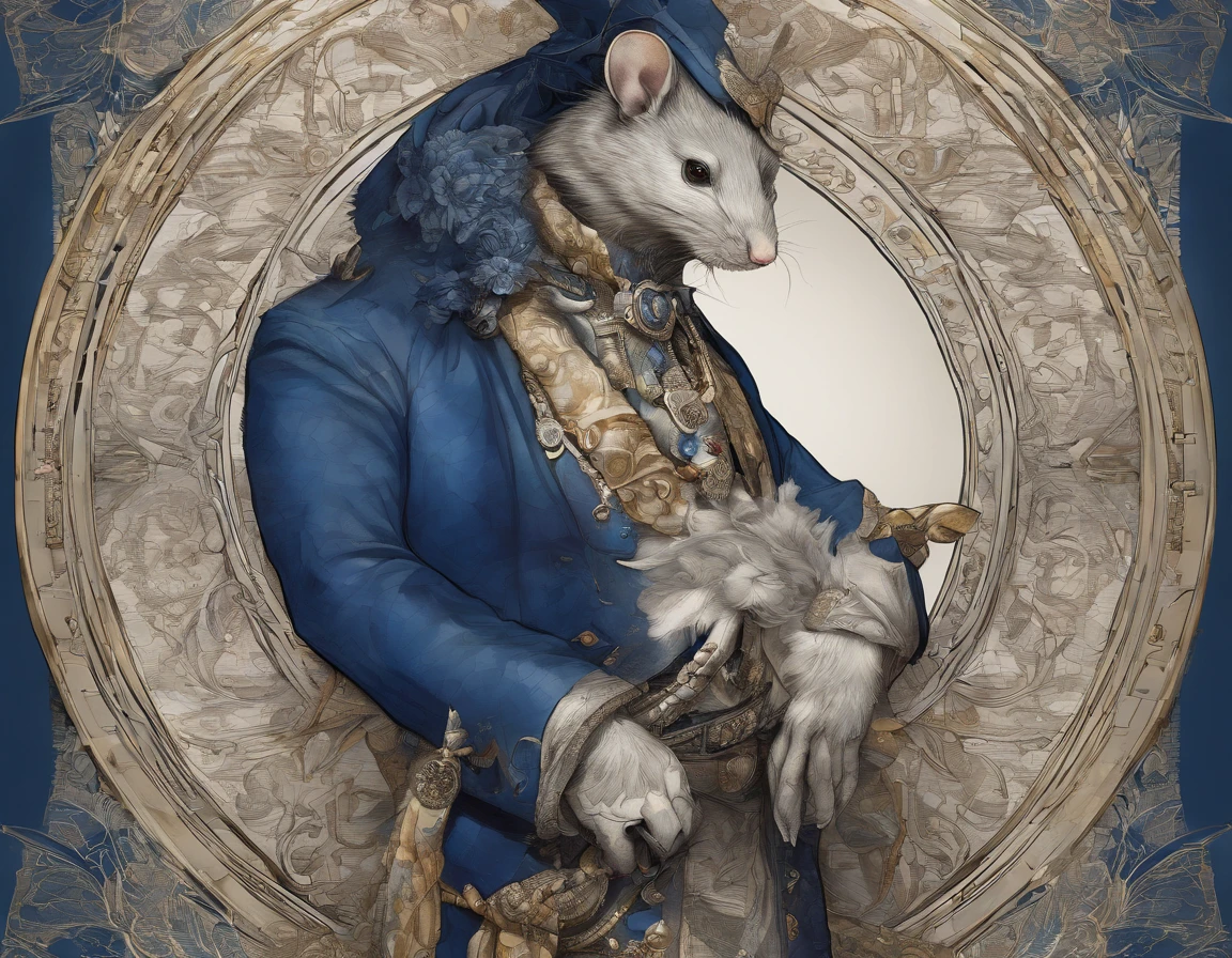 an anthropomorphic mouse Bohemian Warrior, dynamic body portrait, in the style of Brian Kesinger, Sergio Toppi, Virginia Frances Sterrett, dark cobalt blue gemstones and tarnished dark-silver jewelry, dark brown and light brown and dark white and dark yellow, red textured pattern background, depth, furcore, rich velvet texture