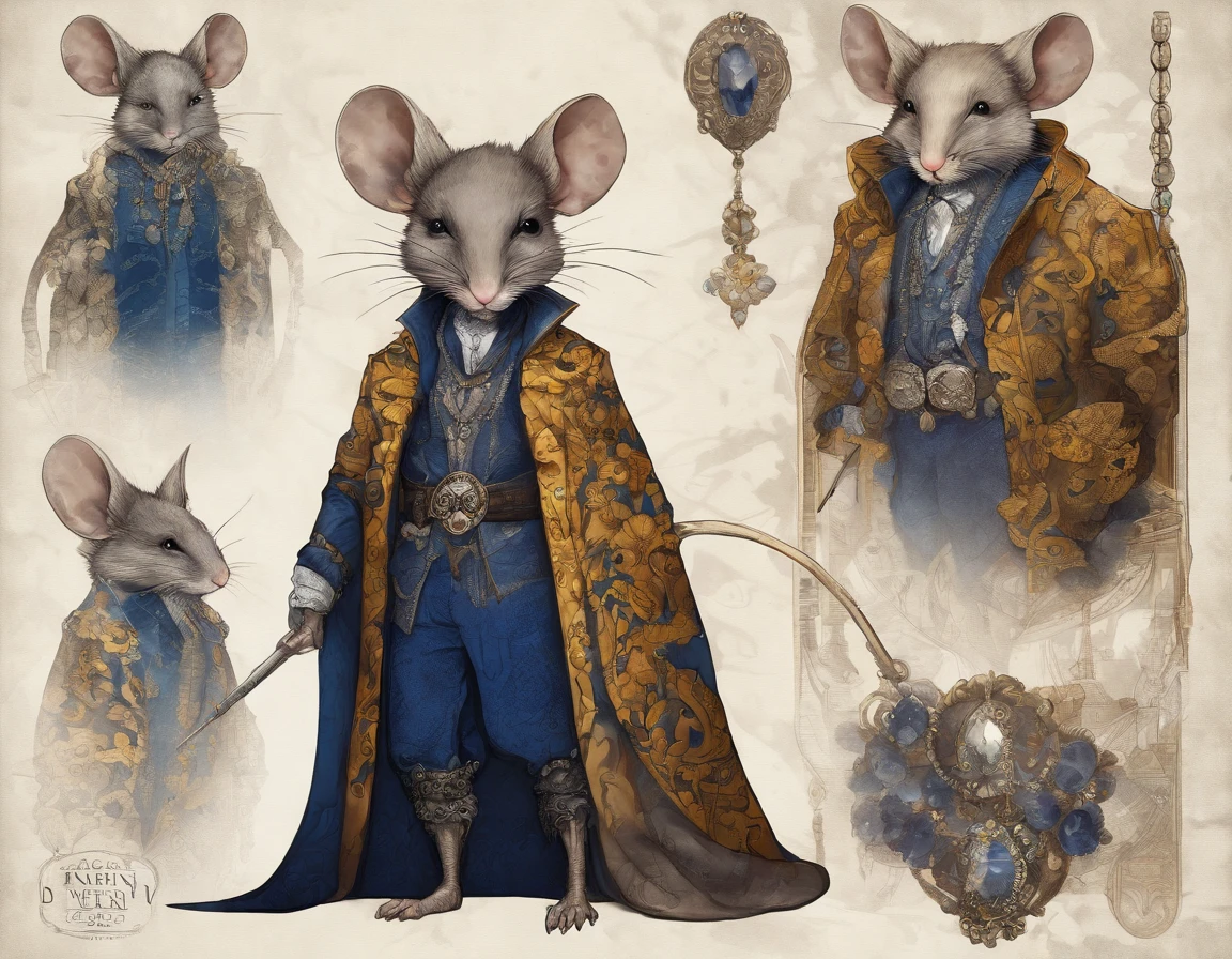 an anthropomorphic mouse Bohemian Warrior, dynamic body portrait, in the style of Brian Kesinger, Sergio Toppi, Virginia Frances Sterrett, dark cobalt blue gemstones and tarnished dark-silver jewelry, dark brown and light brown and dark white and dark yellow, red textured pattern background, depth, furcore, rich velvet texture
