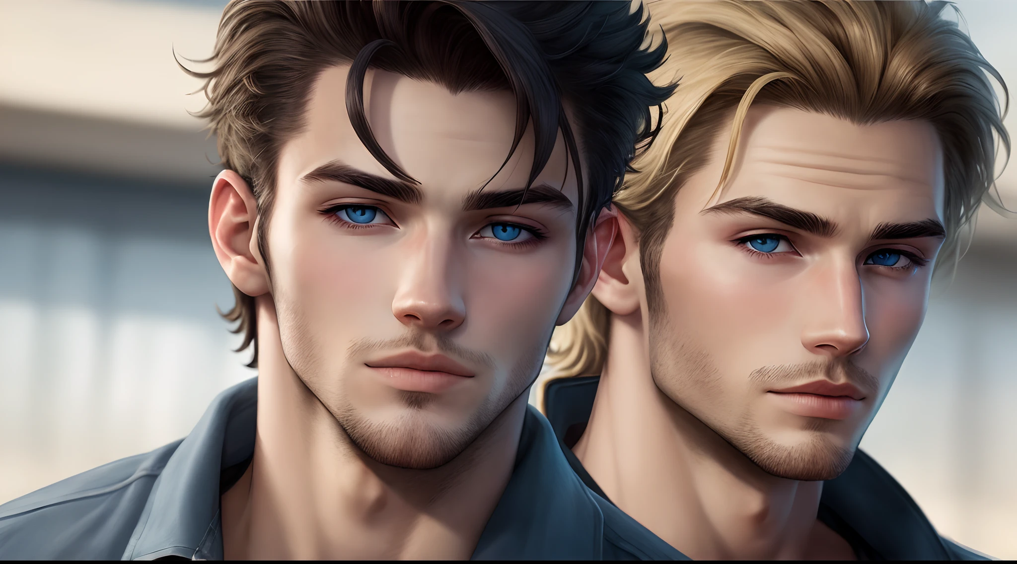 Homme, cheveux noirs, yeux bleus, brawny