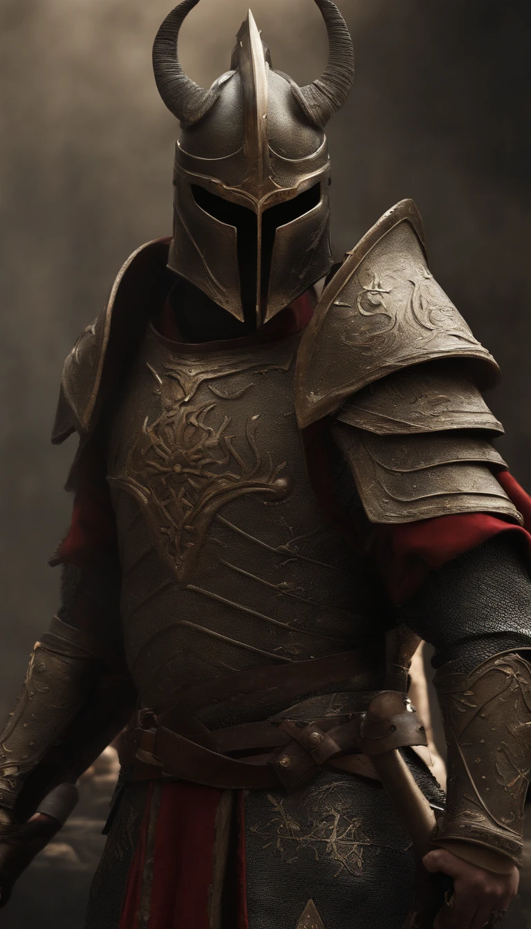 (La mejor calidad,4k,8k,A high resolution,Obra maestra:1.2),Ultra detallado,(realista,fotorrealista,fotorrealista:1.37),A warrior in demonic armor wielding a sword was standing in the hallway, Retrato de cuerpo entero del misterioso caballero, Usando armadura pesada，A Holy Warrior Wielding a Legendary Sword, Mythical warriors in full-body armor, Un caballero dorado con armadura divina, The helmet is decorated with devil's horns, Los ojos brillan de color rojo sangre, Arte conceptual para figuras gloriosas, Knight in Crimson Armor, Epic Paladin Armor, Caballero medieval sagrado, Kneel on one knee, Cuchillas incrustadas en la tierra, submission, Toma de cuerpo completo.