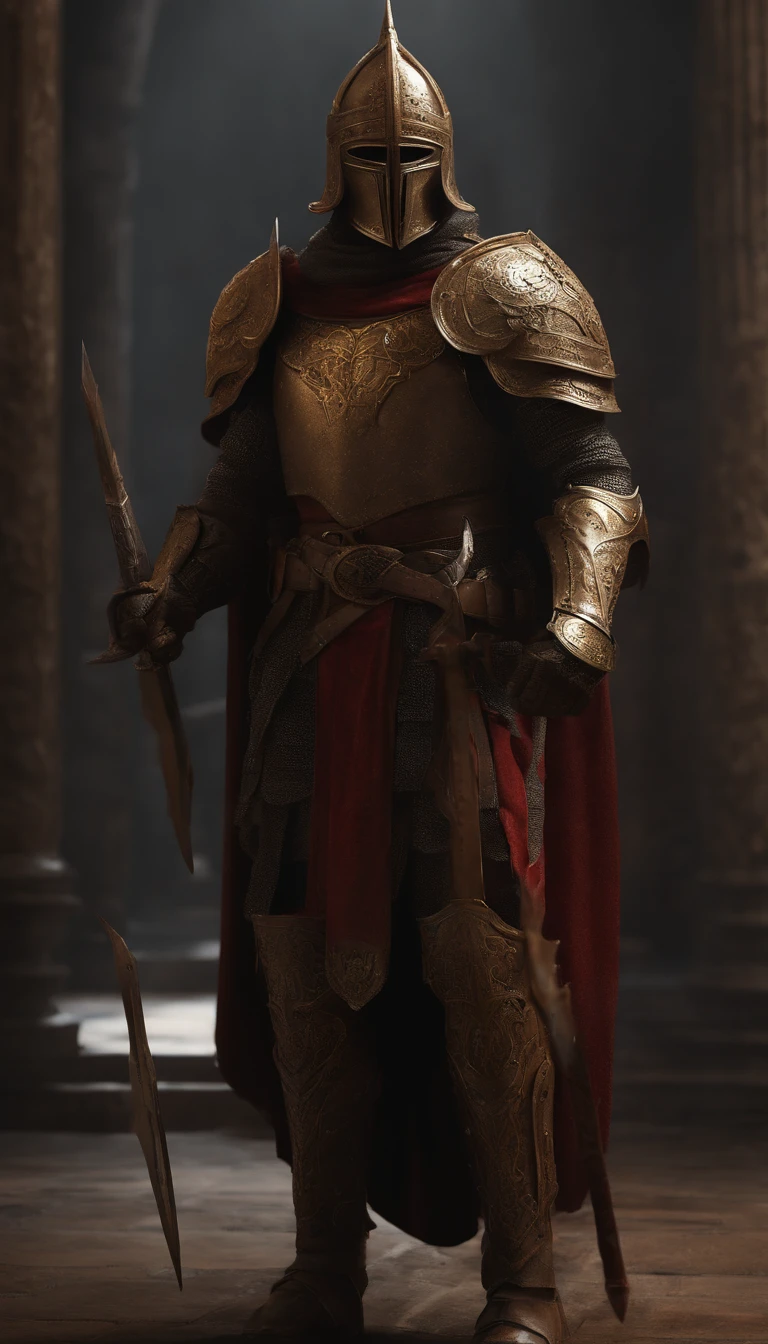 (La mejor calidad,4k,8k,A high resolution,Obra maestra:1.2),Ultra detallado,(realista,fotorrealista,fotorrealista:1.37),A warrior in demonic armor wielding a sword was standing in the hallway, Retrato de cuerpo entero del misterioso caballero, Usando armadura pesada,A Holy Warrior Wielding a Legendary Sword, Mythical warriors in full-body armor, Un caballero dorado con armadura divina, The helmet is decorated with devil's horns, Los ojos brillan de color rojo sangre, Arte conceptual para figuras gloriosas, Knight in Crimson Armor, Epic Paladin Armor, Caballero medieval sagrado, Kneel on one knee, Cuchillas incrustadas en la tierra, ??????????, Toma de cuerpo completo.