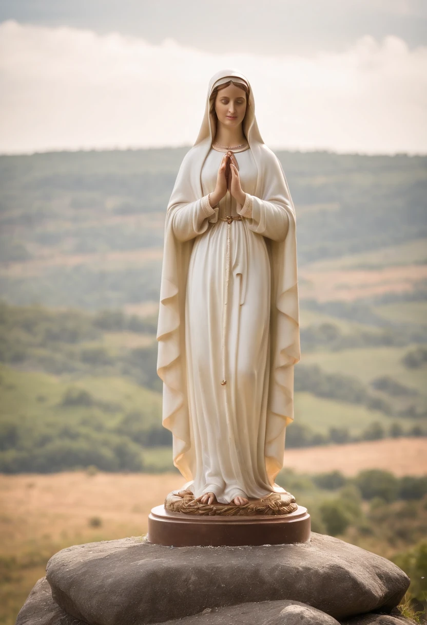 A photo of Our Lady of Fatima on top of a hill. Olhando para ela 3 pastores ajoelhados e rezando.