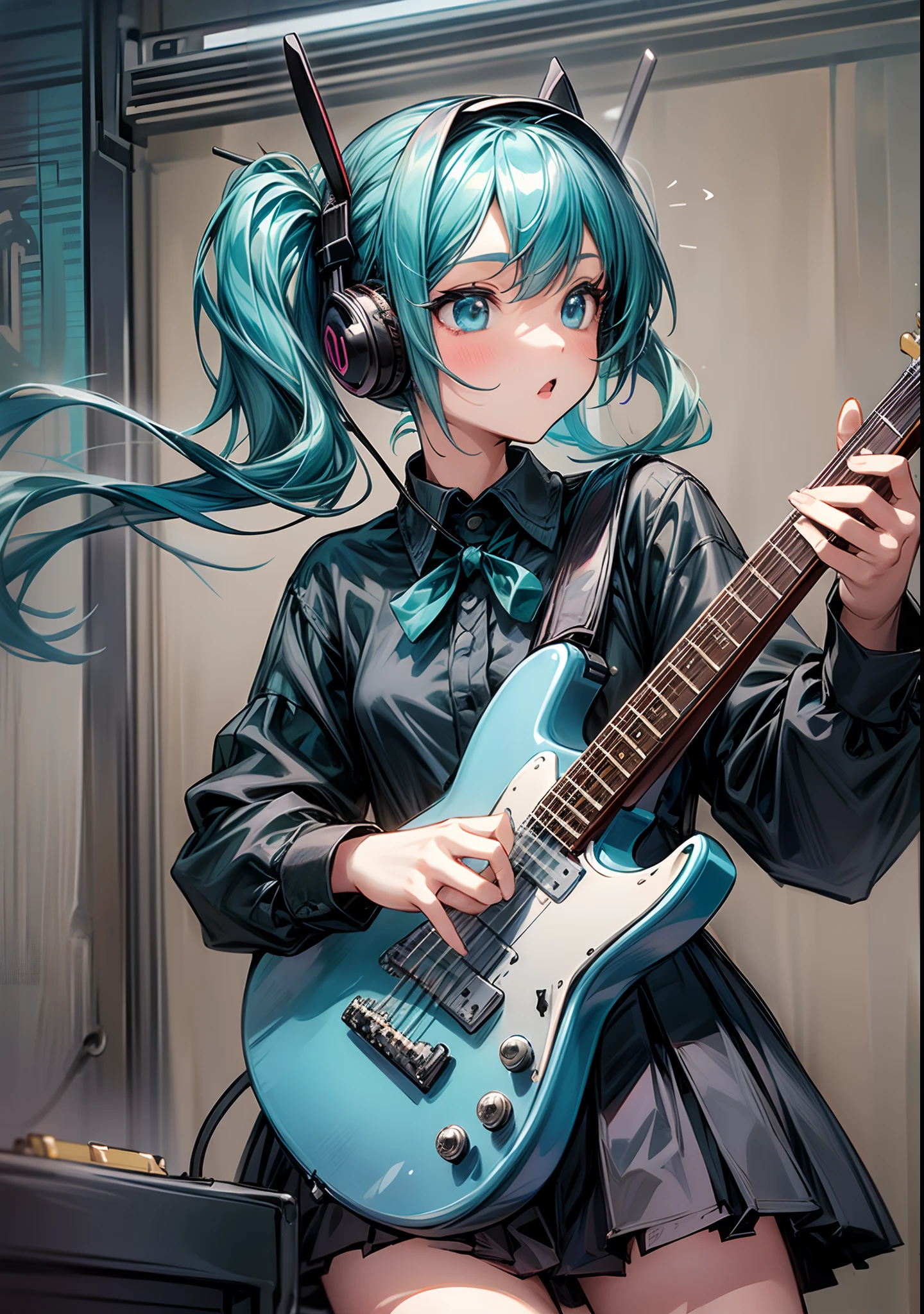 ((masterpiece, best quality))1girl, solo, black dress, blue eyes, electric guitar, guitar, headphones, double ponytail, holding, holding plectrum, instrument, long hair, music, one side up, teal hair, twin tails, playing guiter, pleated skirt, black shirt, interior