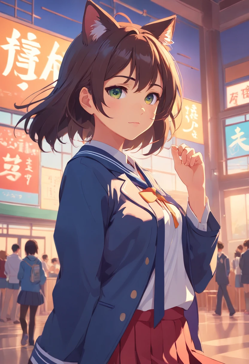 Catgirl in highschool Japanese uniform