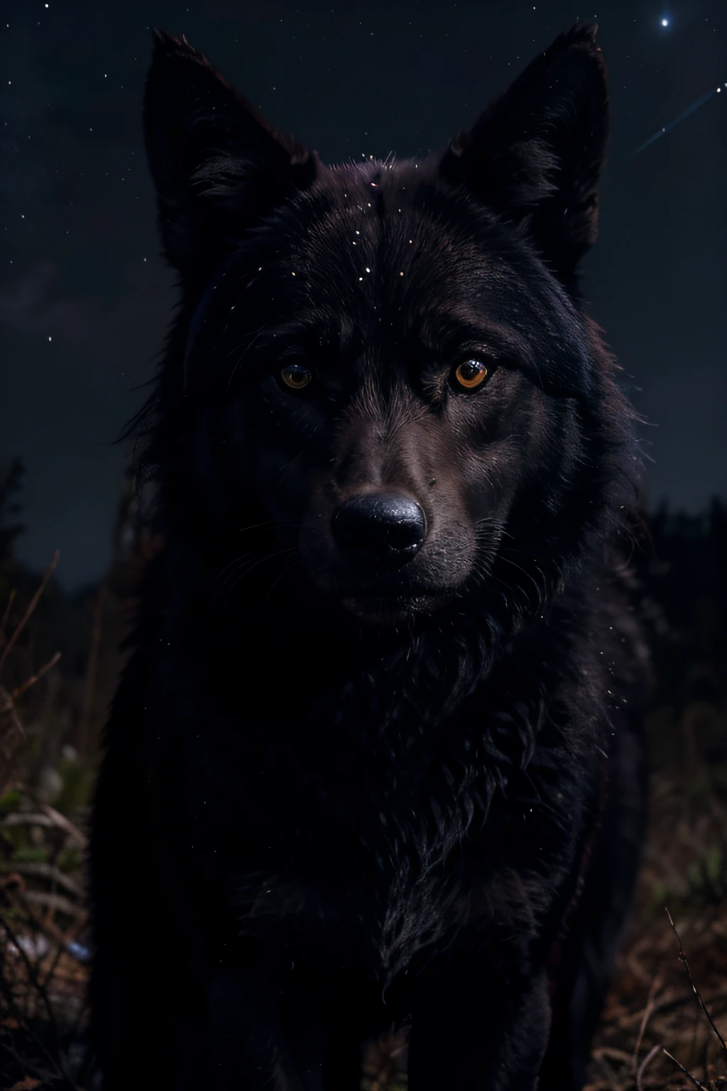 Make a black wolf just like the one in the movie "O chamado da floresta", In a nocturnal setting with a starry sky , qualidade HD, ultra realista, emanando uma energia azul, hd, FOTO-REALISTA