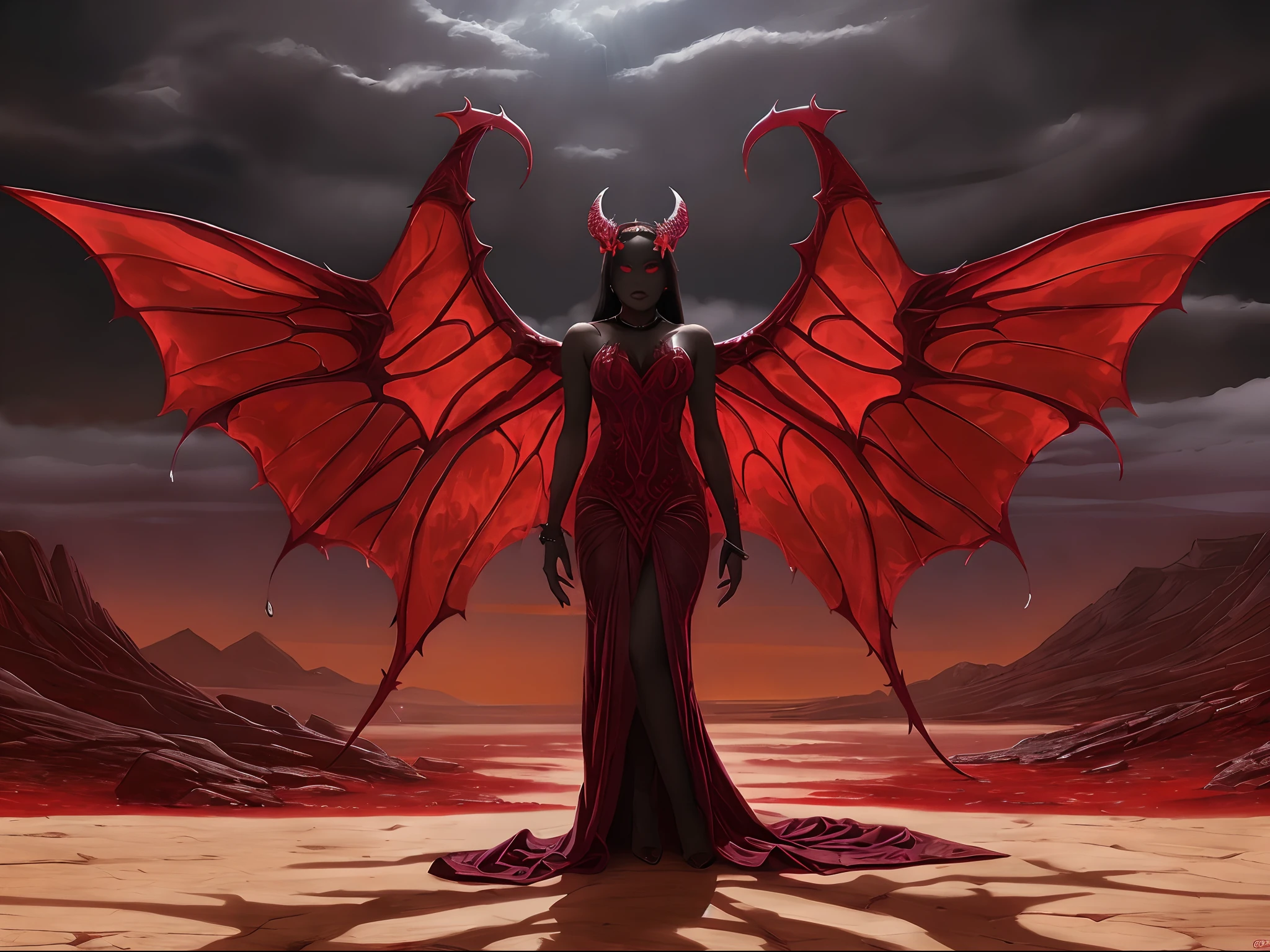 imagem arfed de uma mulher em um vestido vermelho com chifres e asas, Beautiful elegant demon queen, demoness, Succubus bonito |, succubus, dragon queen, succubus | medieval, com asas infernais do diabo, Vilania tem asas de anjo negro, Rainha do Inferno, Rainha das Trevas, demon wings, Lilith, demon woman, raven winged female vampire