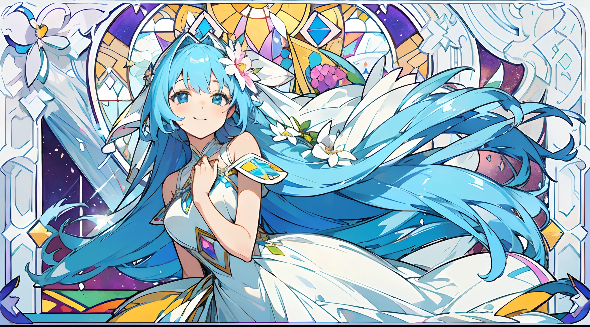 (The skin is not exposed, weddingdress), (Solo), Very cute girl (1), Colorful flowers on grape background, Large stained glass windows、sunlight shining through, ((Shiny blue super long hair, Tied hair )), (Super smile), Dynamism, (Blue eyes), (Detail Objects)