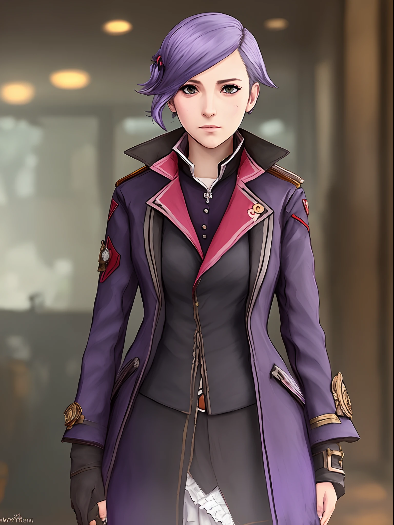A petite lavender haired anime girl dressed as Emily Kaldwin from Dishonored 2